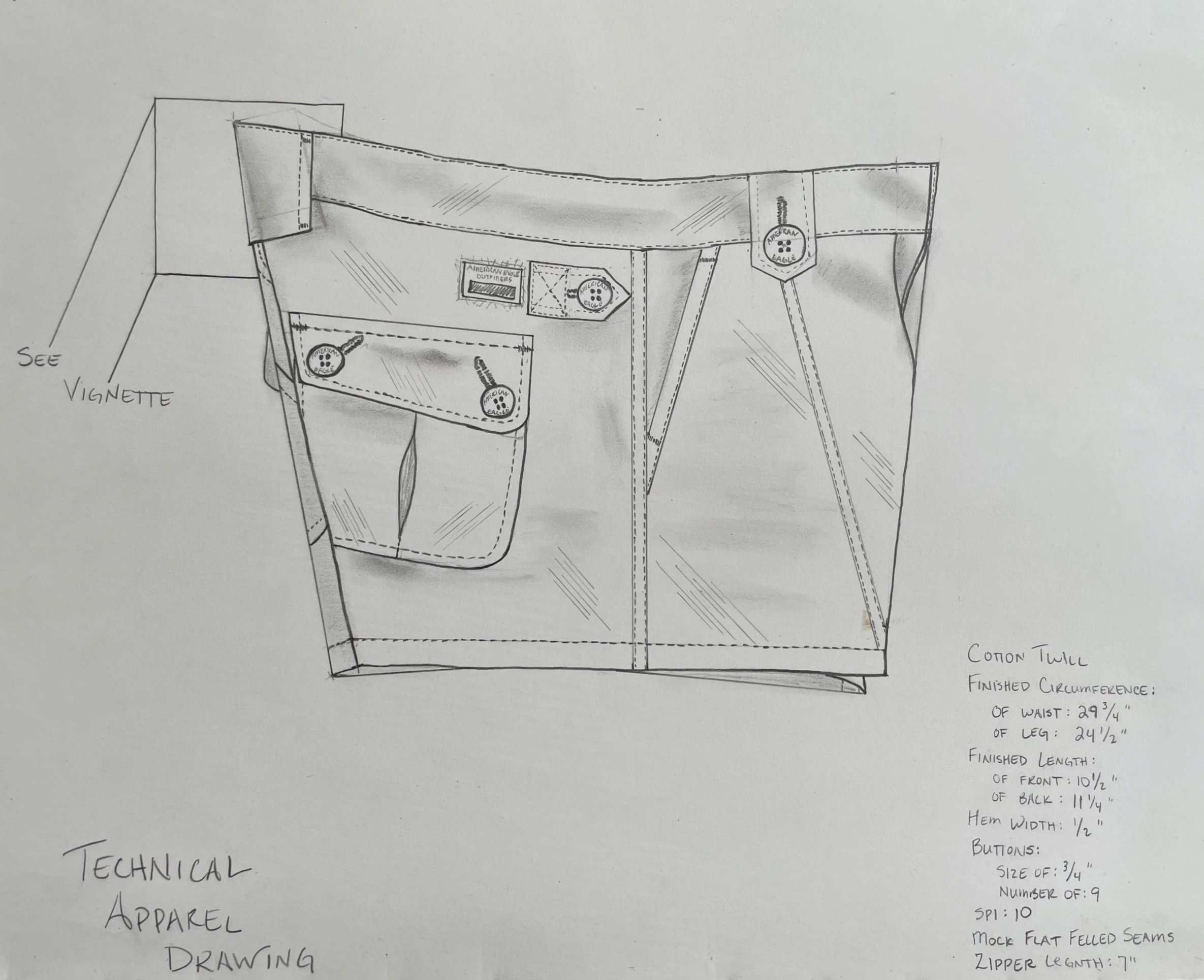 Technical apparel sewing diagram of a pair of shorts with detailed measurements and components, including pockets, buttons, and hem.