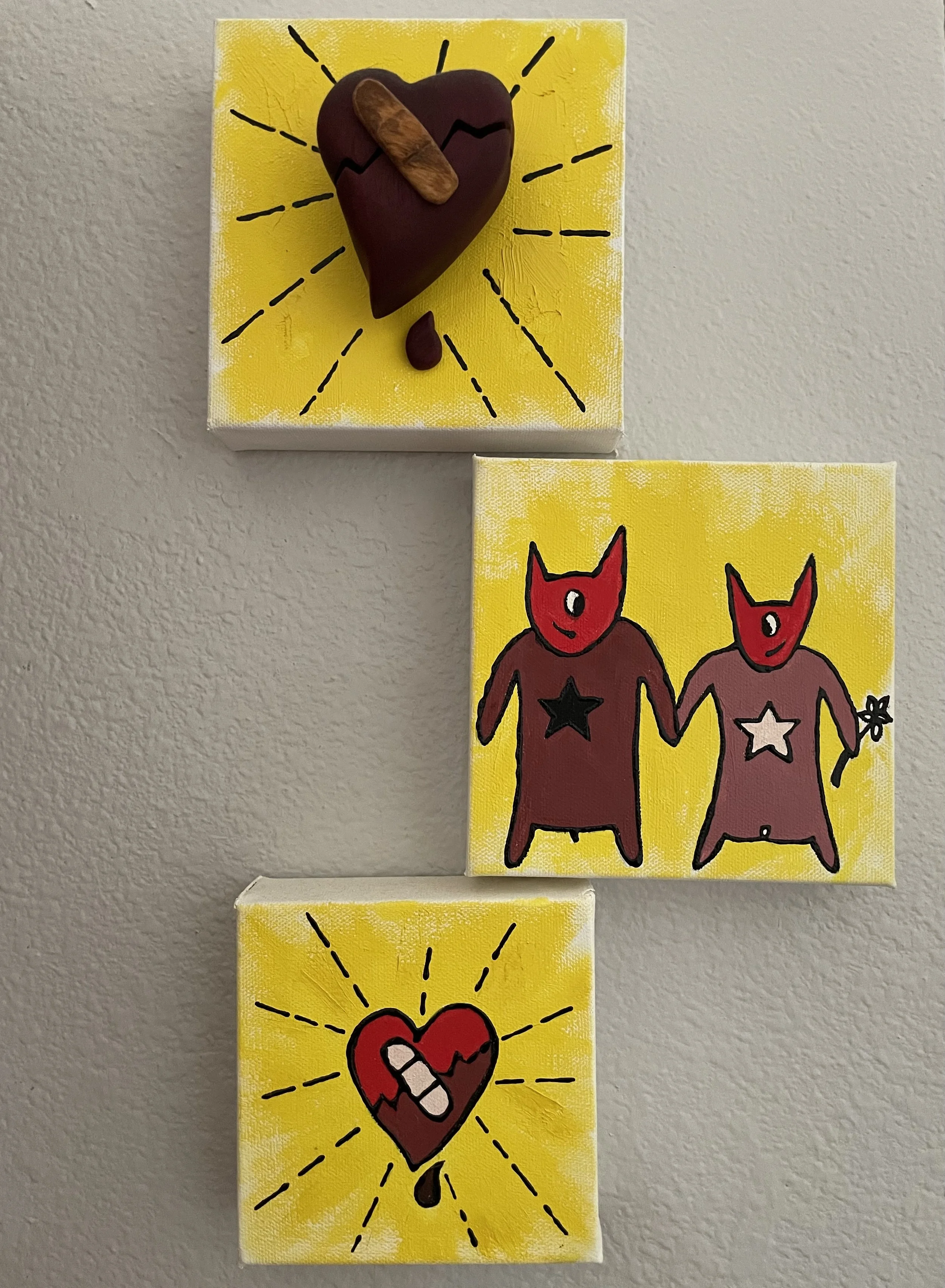 Happy Monsters Trio - Acrylic and wood on Canvas