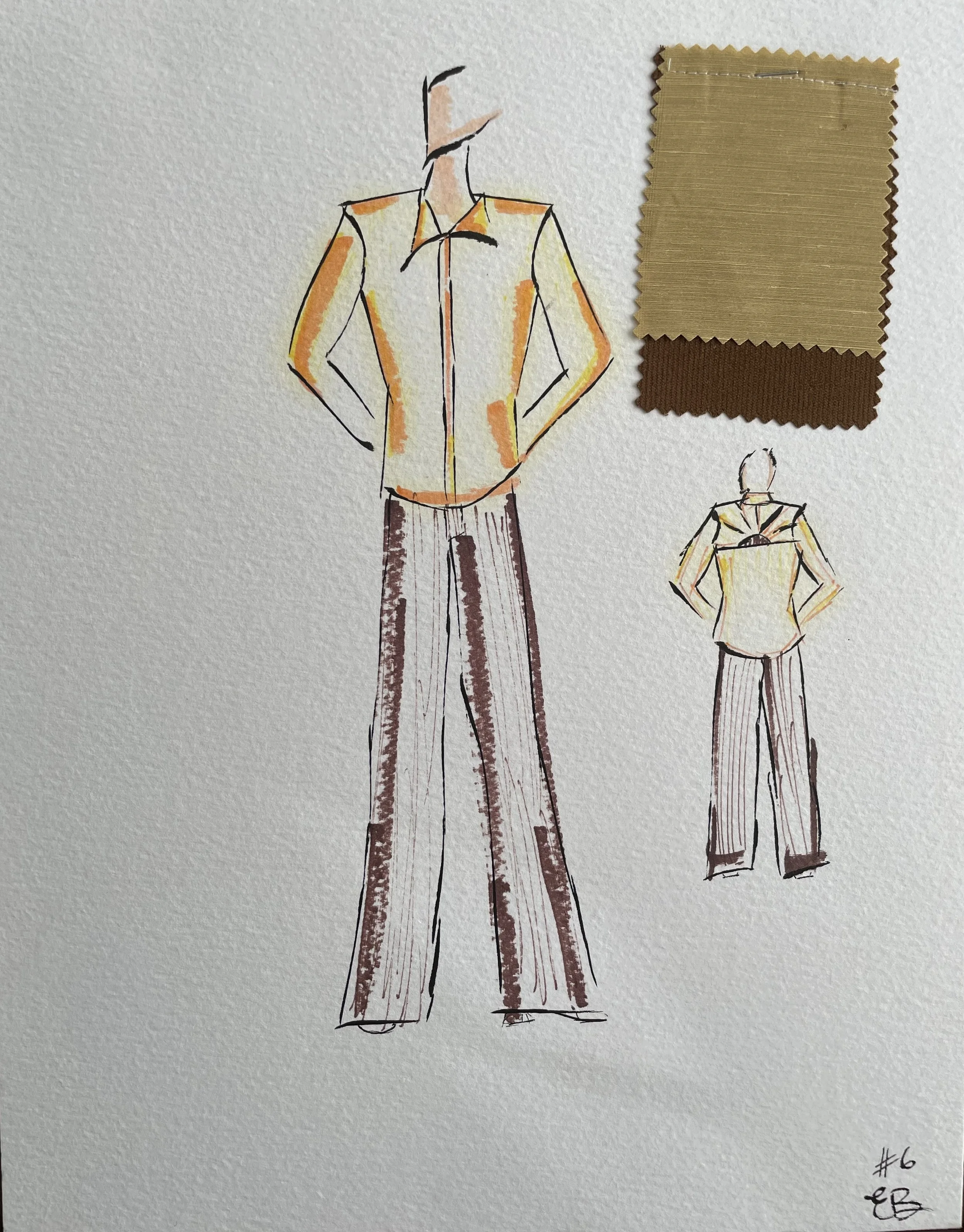 Fashion sketches of a man in a jacket and wide-leg pants, with fabric swatches in shades of beige and brown placed above the sketches.