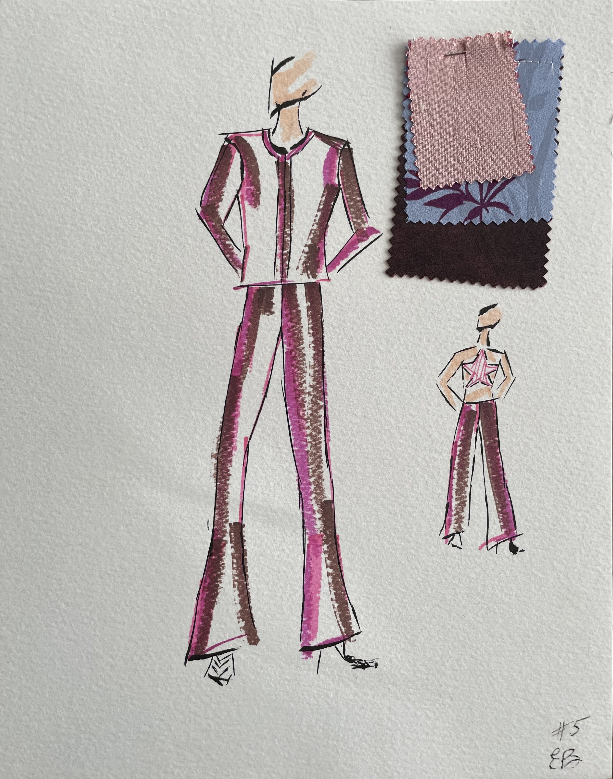 Fashion sketch of a woman wearing a pink and brown pantsuit and a smaller sketch of a woman in a matching star-patterned top and pants. Fabric swatches in pink, blue, and black are included.