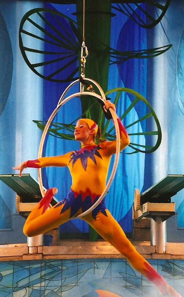 A female aerialist in a colorful, bird-inspired costume performing in an  aerial hoop on stage with a blue and green set pieces in the background.