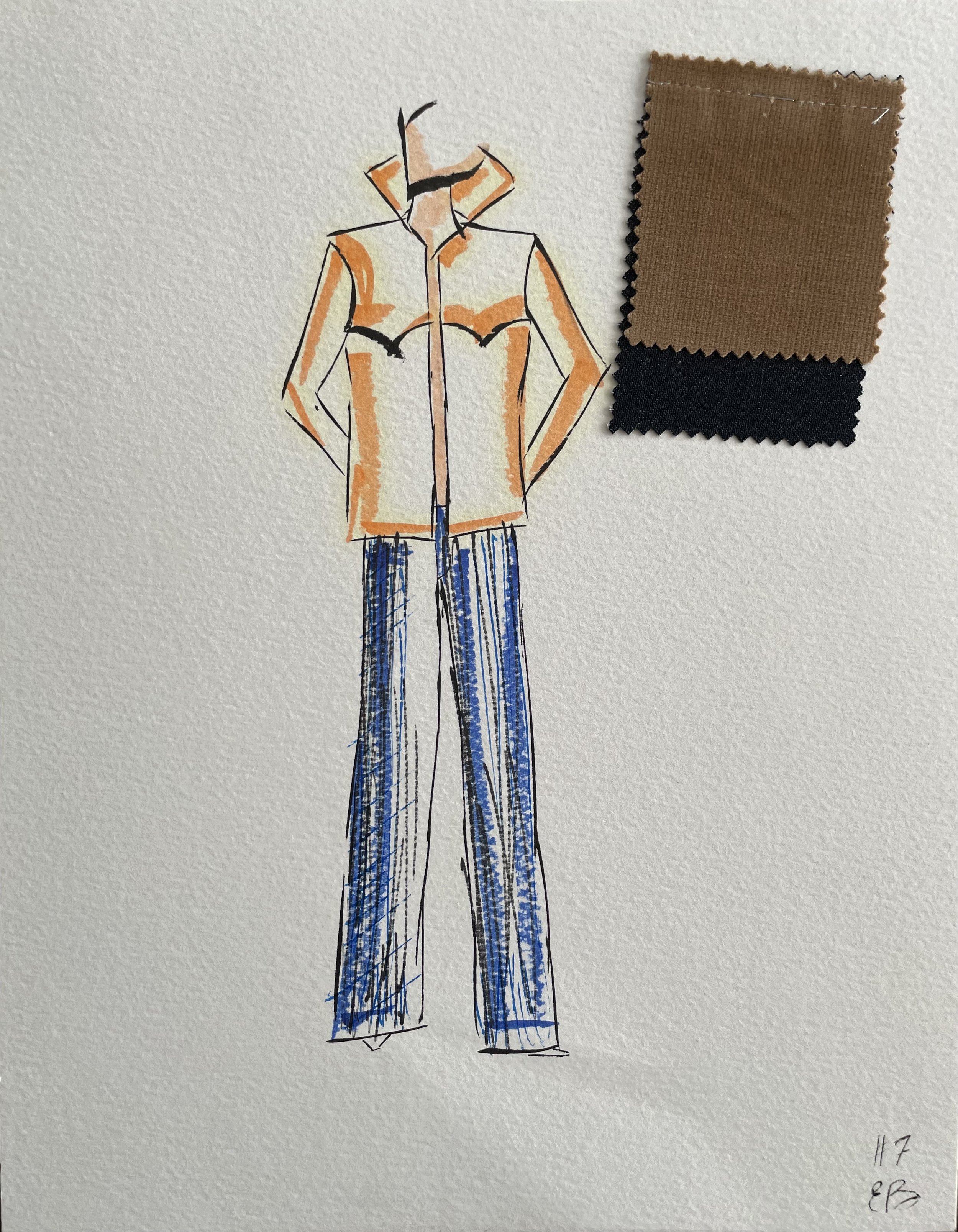 Fashion illustration of a person wearing a tan jacket with black stitching and high collar, and blue wide-leg pants, placed next to fabric swatches in tan and black colors.