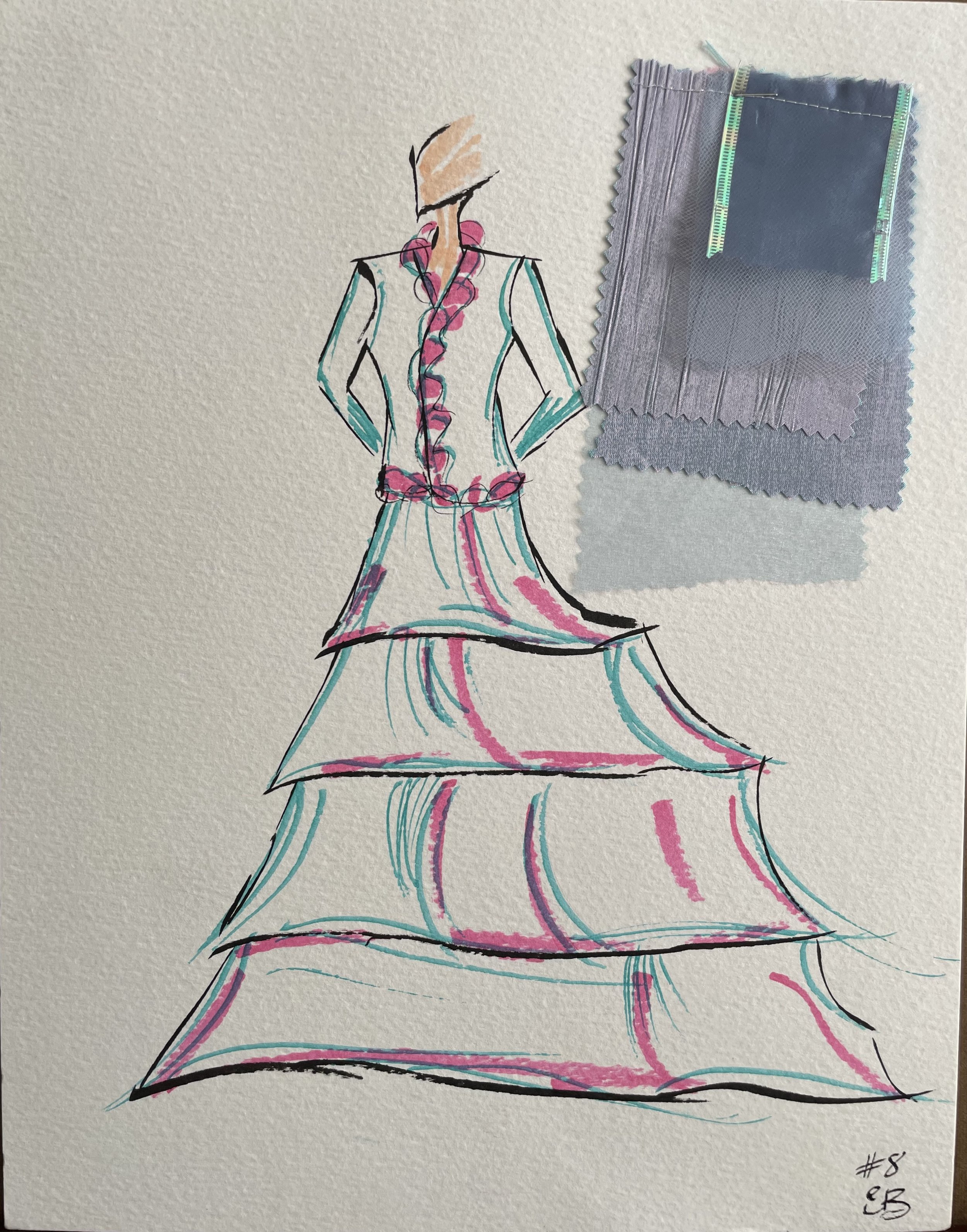 A fashion sketch of a tiered dress with a fitted bodice, drawn with colored markers, placed beside fabric swatches on a textured white background.