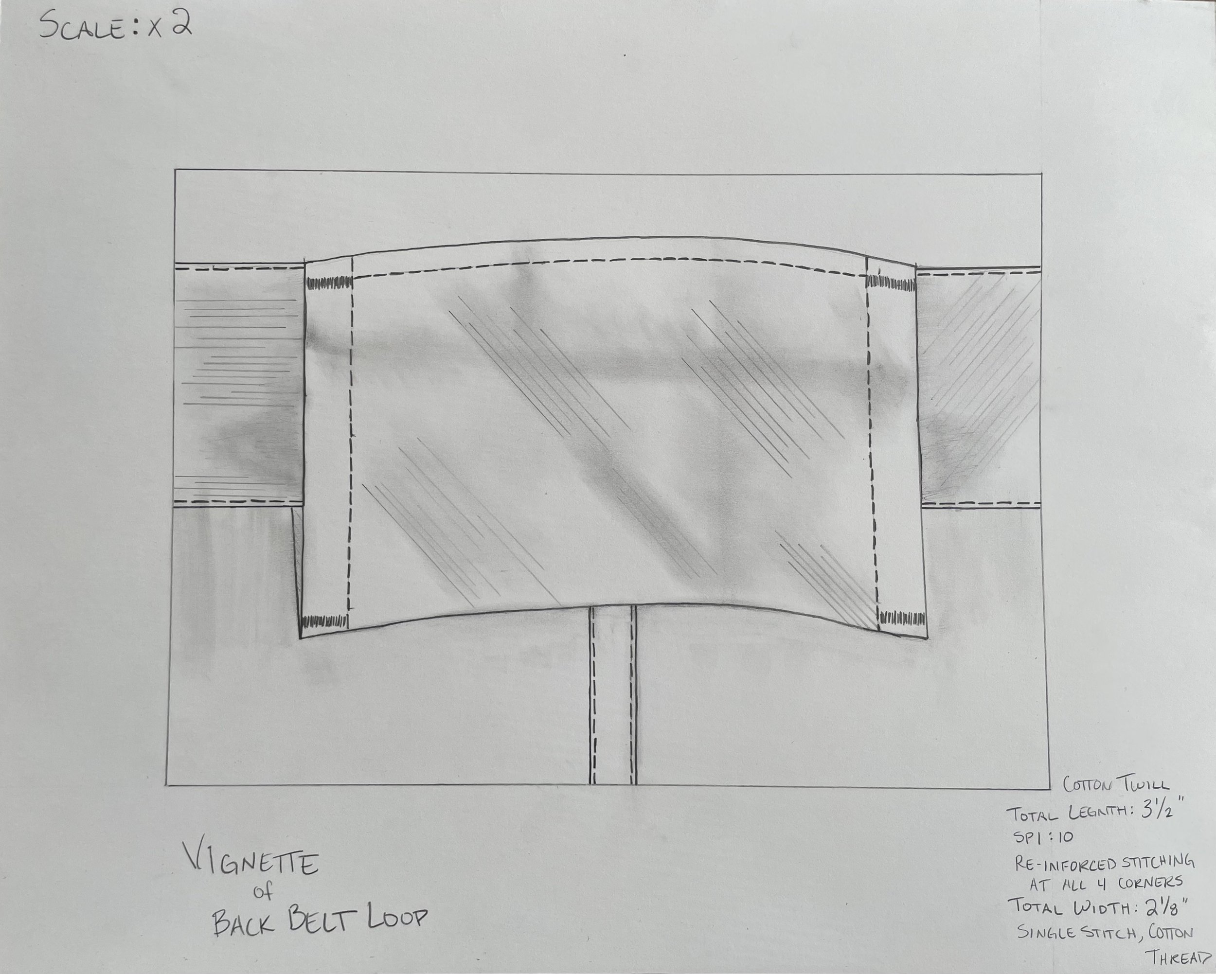A detailed technical illustrating of  a back belt loop vignette, featuring a design with specified dimensions and stitching instructions, including cotton twill fabric, total length of 3.5 inches, and reinforced stitching at all four corners.