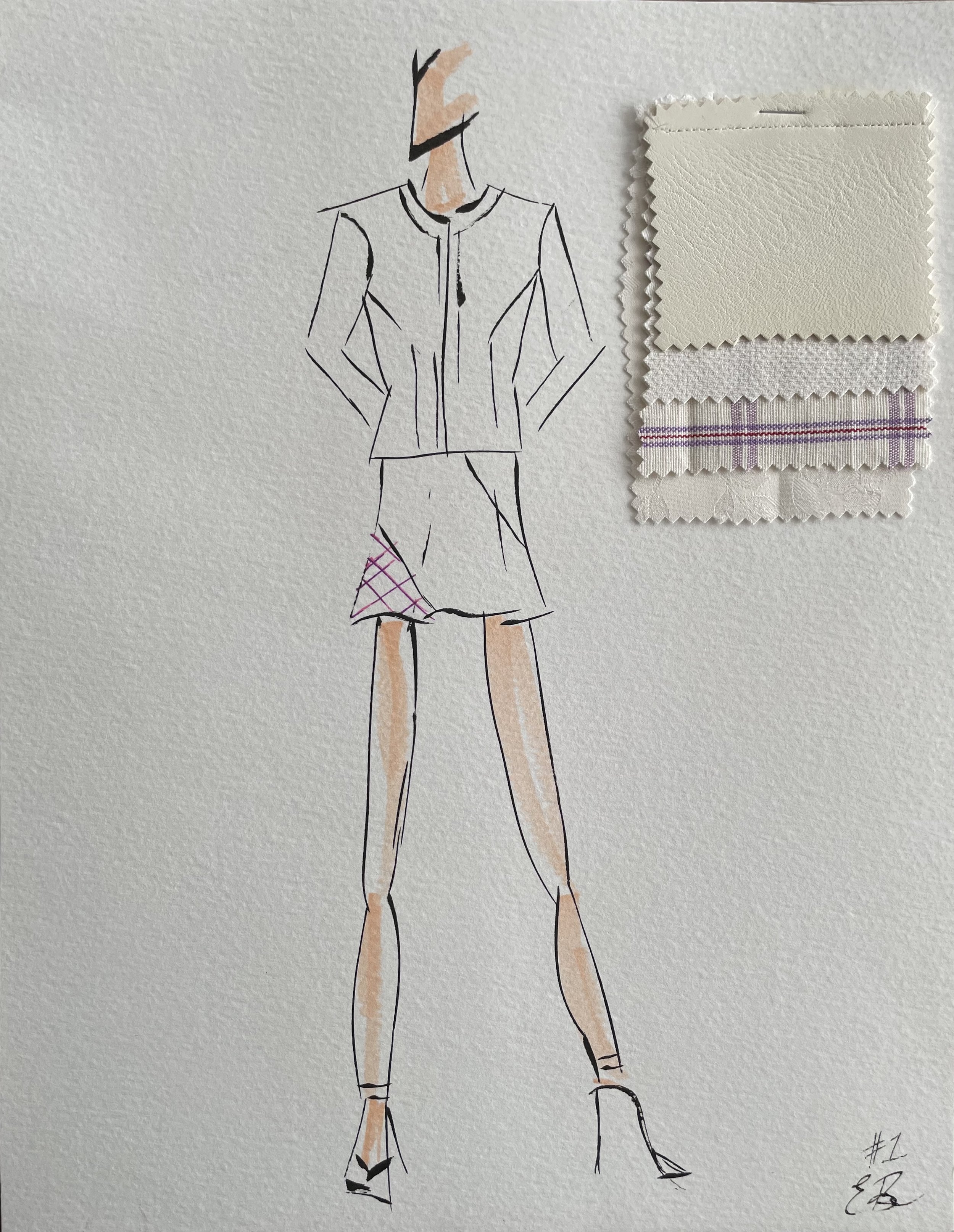 Fashion illustration of a woman in a blazer, skirt, and high heels, with fabric swatches beside her.