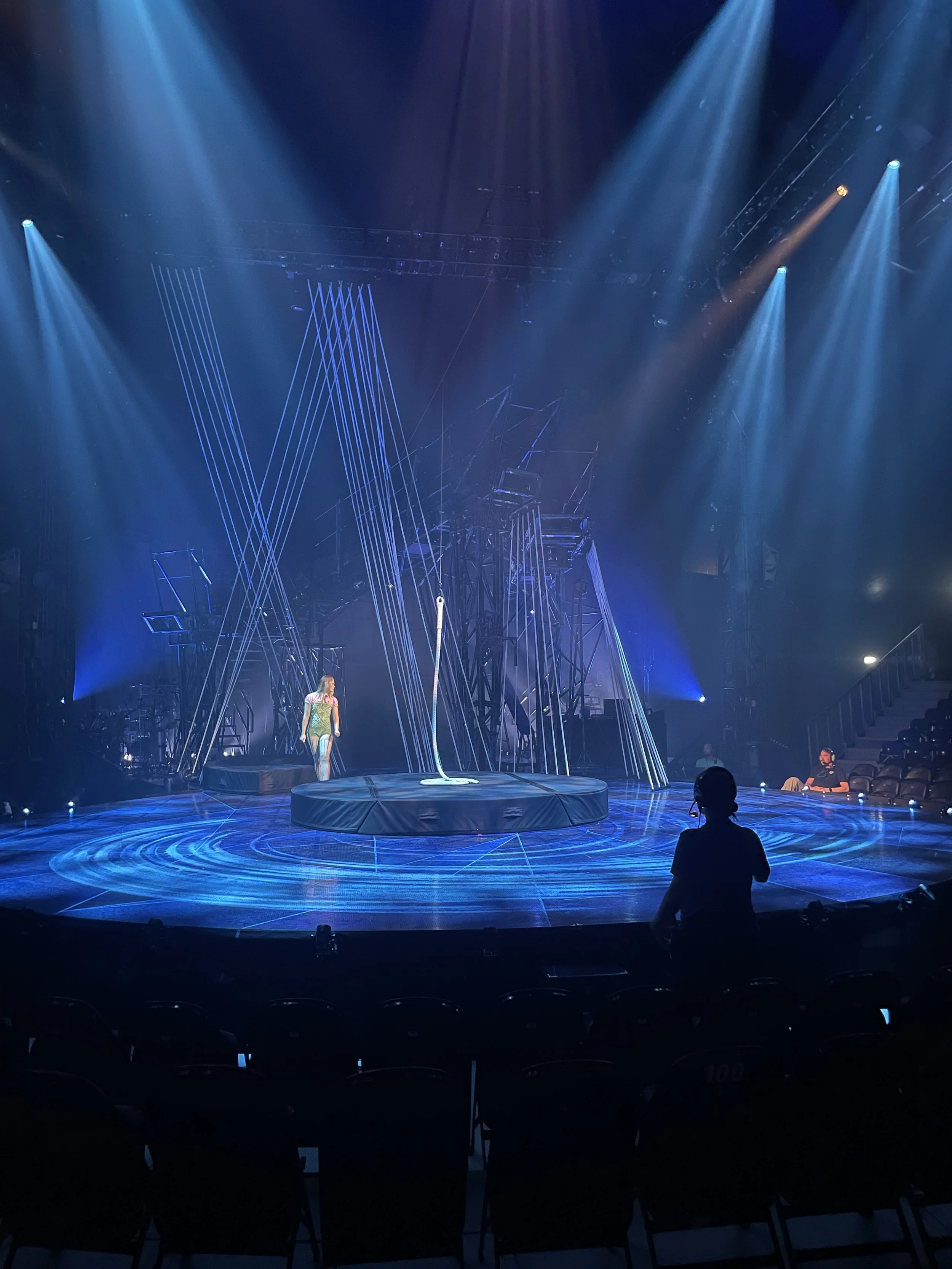 Inside a circus big top with a performer on a raised circular stage, surrounded by elaborate lighting and stage scaffolding, with a person in the foreground observing.