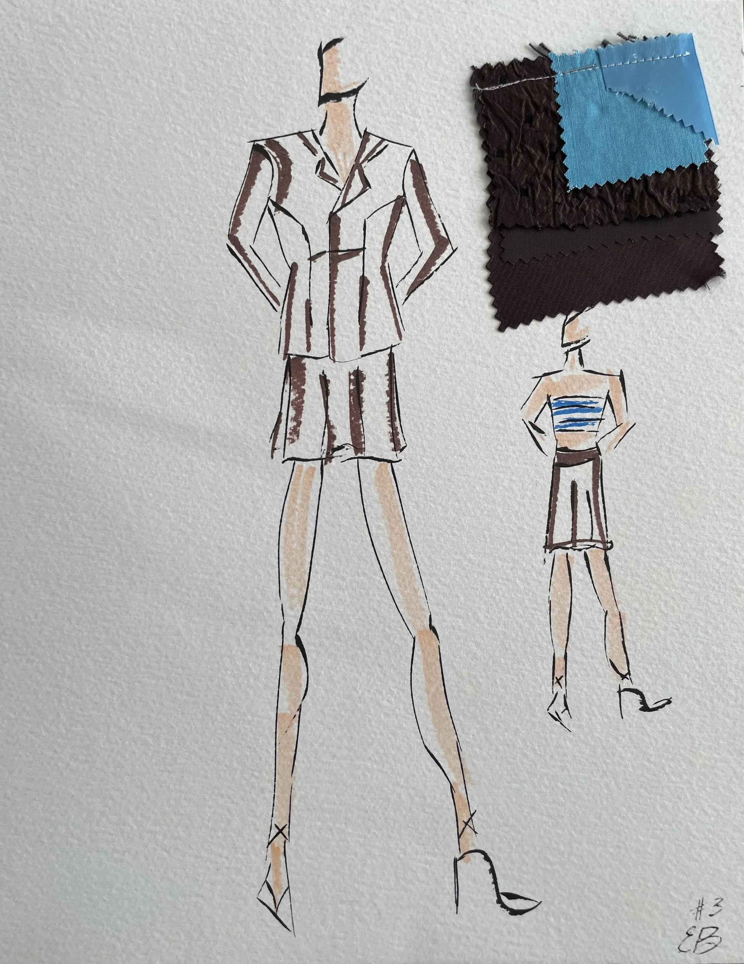 Fashion sketches of women in stylish clothing, one in a blazer and skirt, and the other in a striped top and skirt, with fabric swatches attached above the smaller sketch.