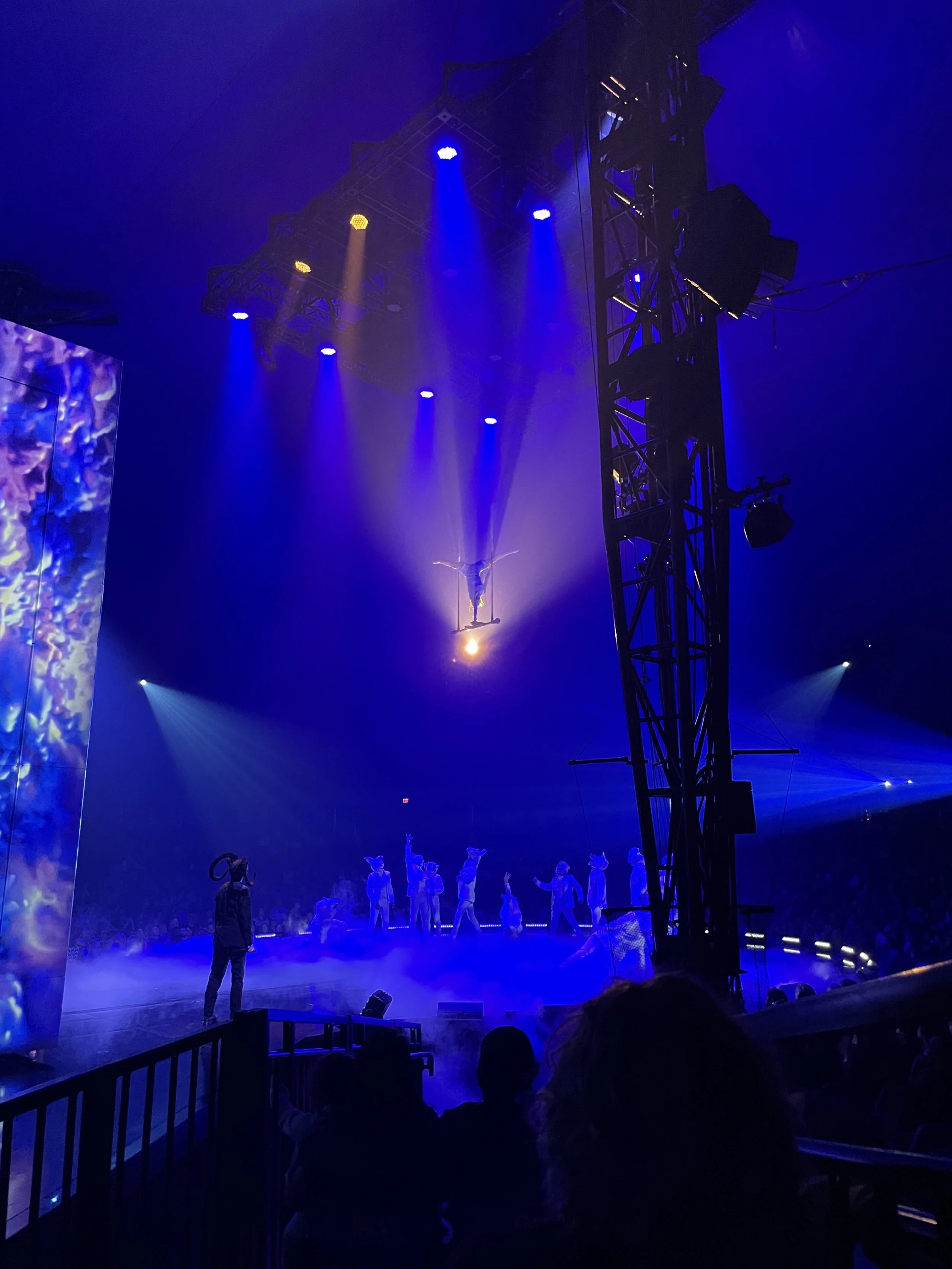 An indoor circus performance with performers in costumes, illuminated by blue and purple stage lights, with a person upside down from the ceiling, and a crowd watching.