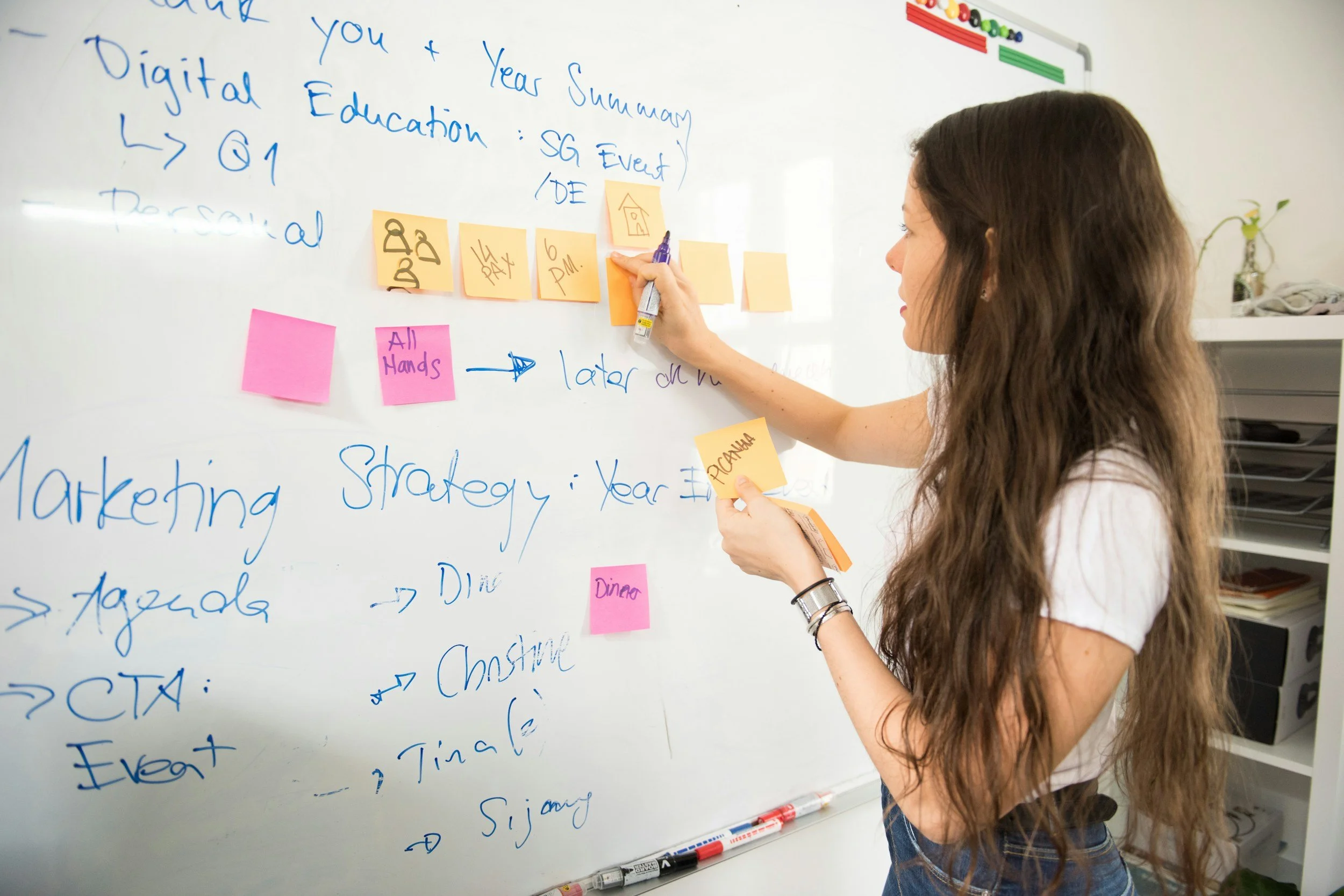 A woman with long brown hair writing on a whiteboard with blue marker, placing pink and yellow sticky notes on it. The whiteboard has handwritten notes about a year-end summary, digital education, marketing strategy, and schedules. There is a shelf with binders and other office supplies in the background.