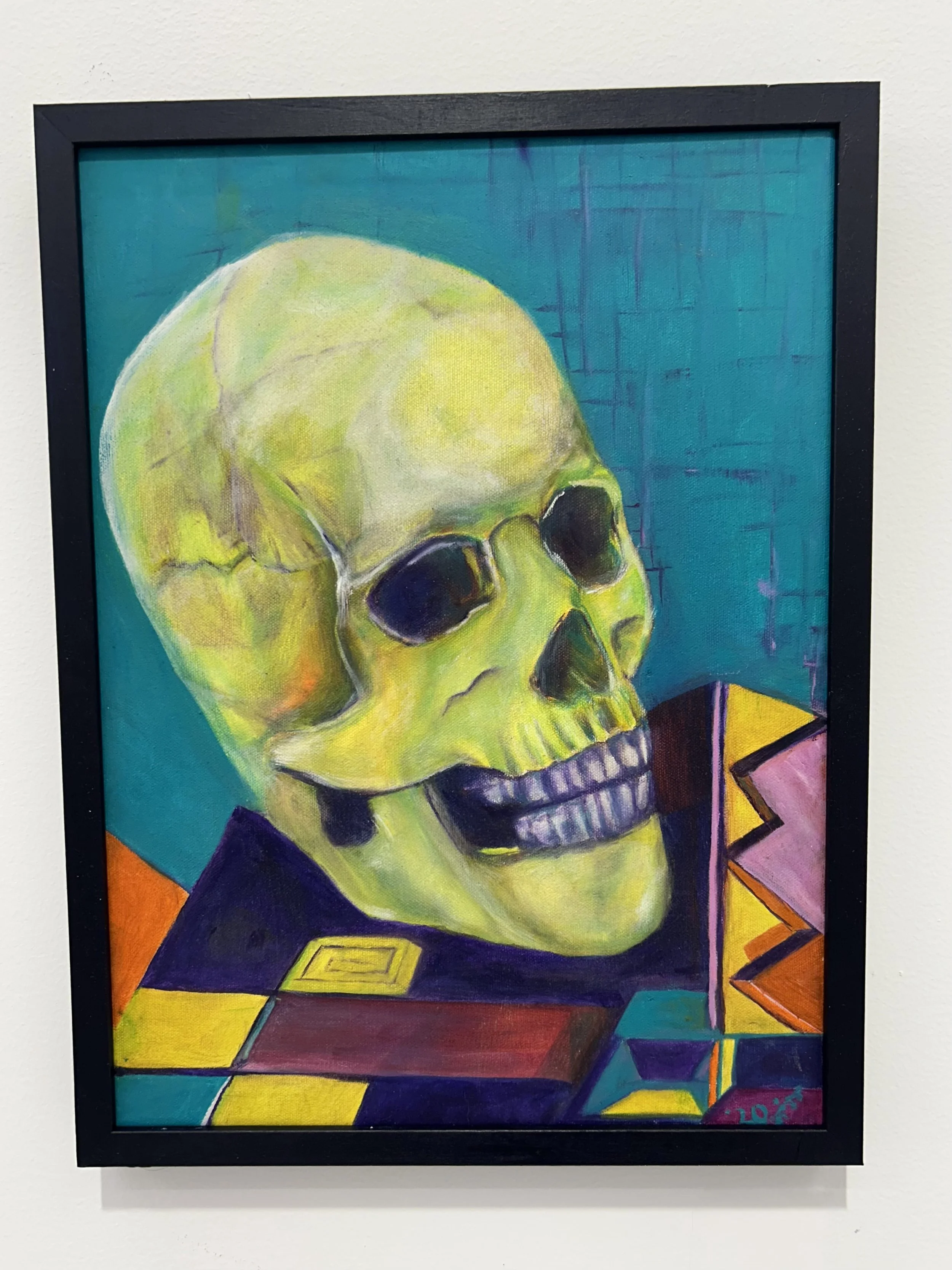 Colorful painting of a skull with sunglasses, set against bright background colors and geometric patterns.