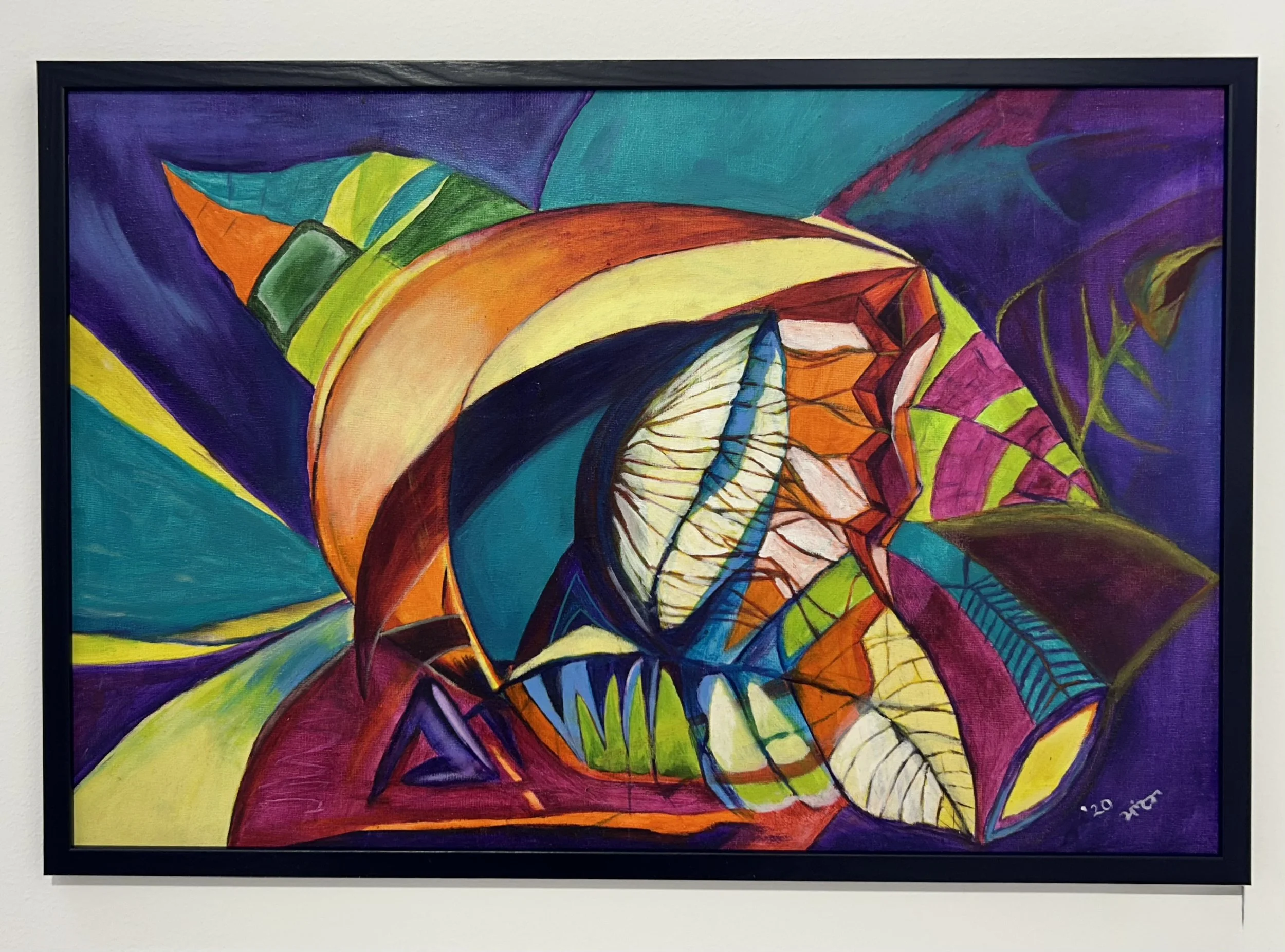 Abstract colorful painting with swirling shapes in shades of purple, blue, green, yellow, orange, red, and black, framed and signed in the bottom right corner.
