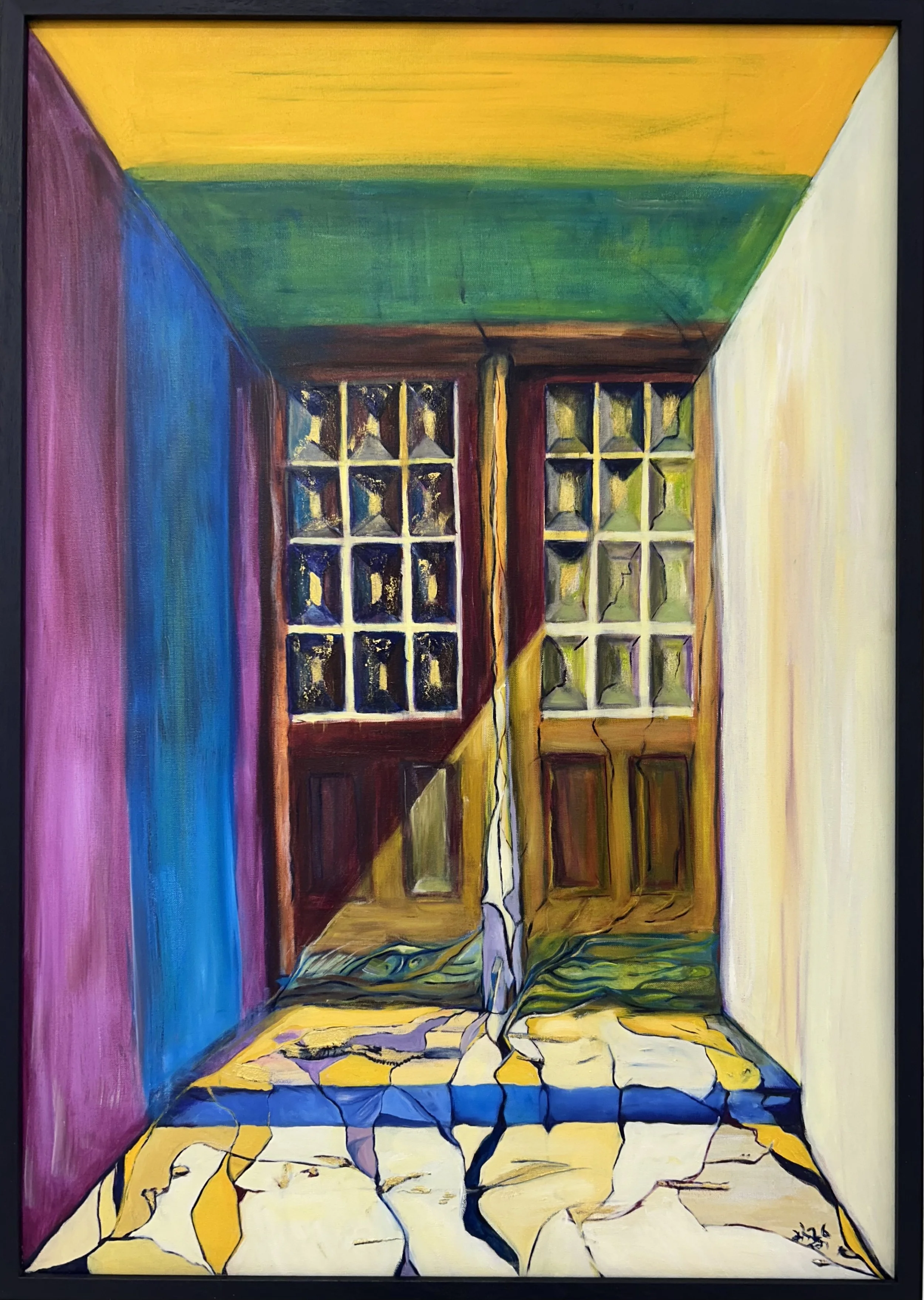 Abstract painting of a room with cracked yellow floor, green walls, a doorway with glass panels, pink and purple wall on the left, white wall on the right, and a yellow and green ceiling.