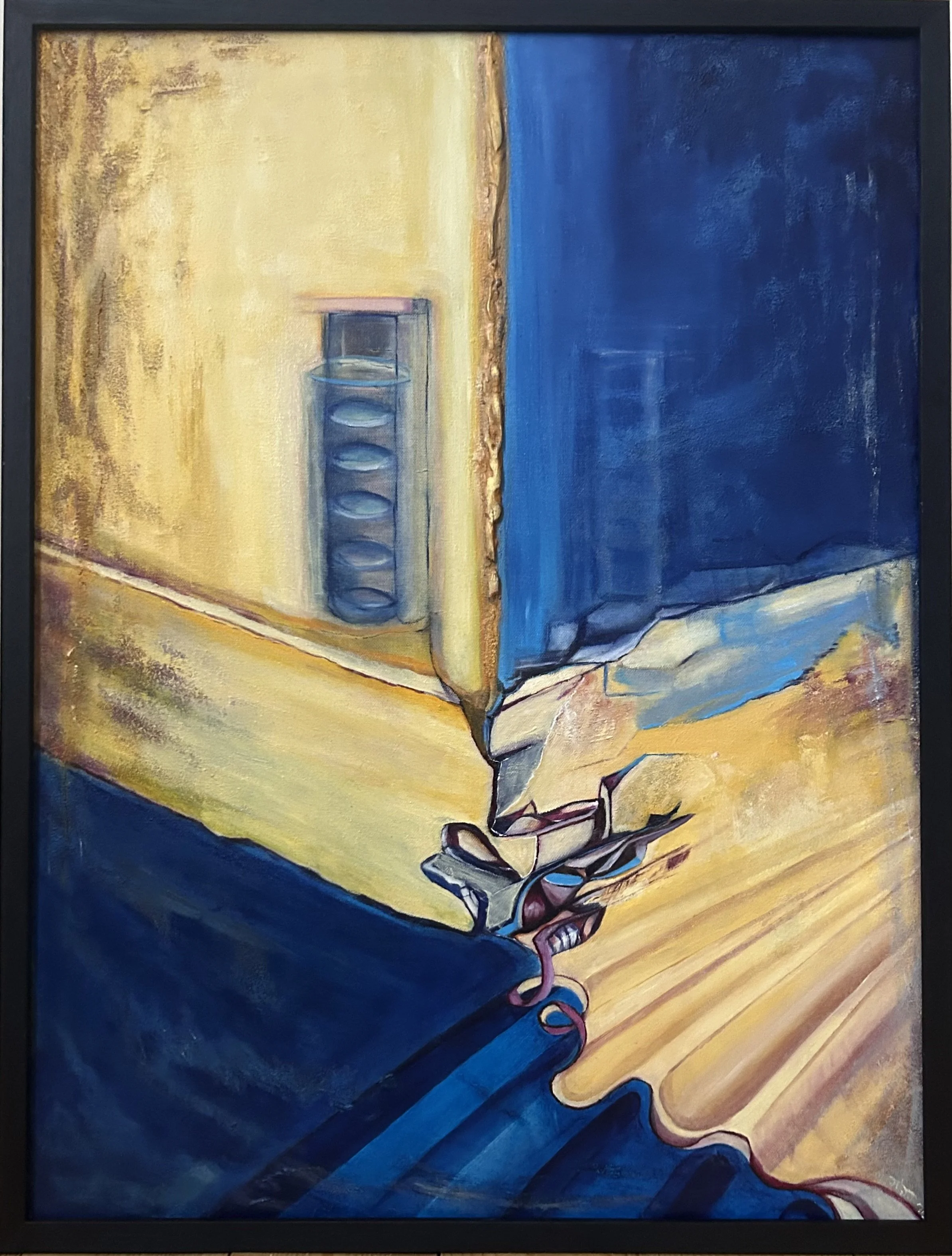 A painting of a hand holding a wine glass, with a yellow background on the left and a dark blue background on the right, divided by a textured vertical line.