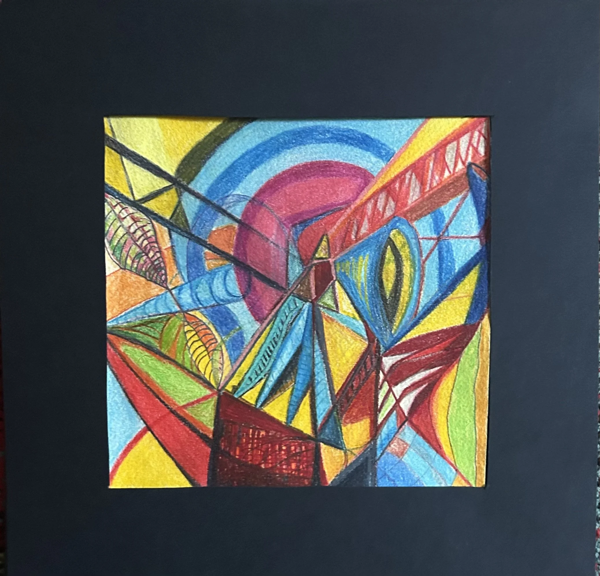 Colorful abstract drawing featuring a large heart, rainbow, and intricate geometric patterns, on a black background.