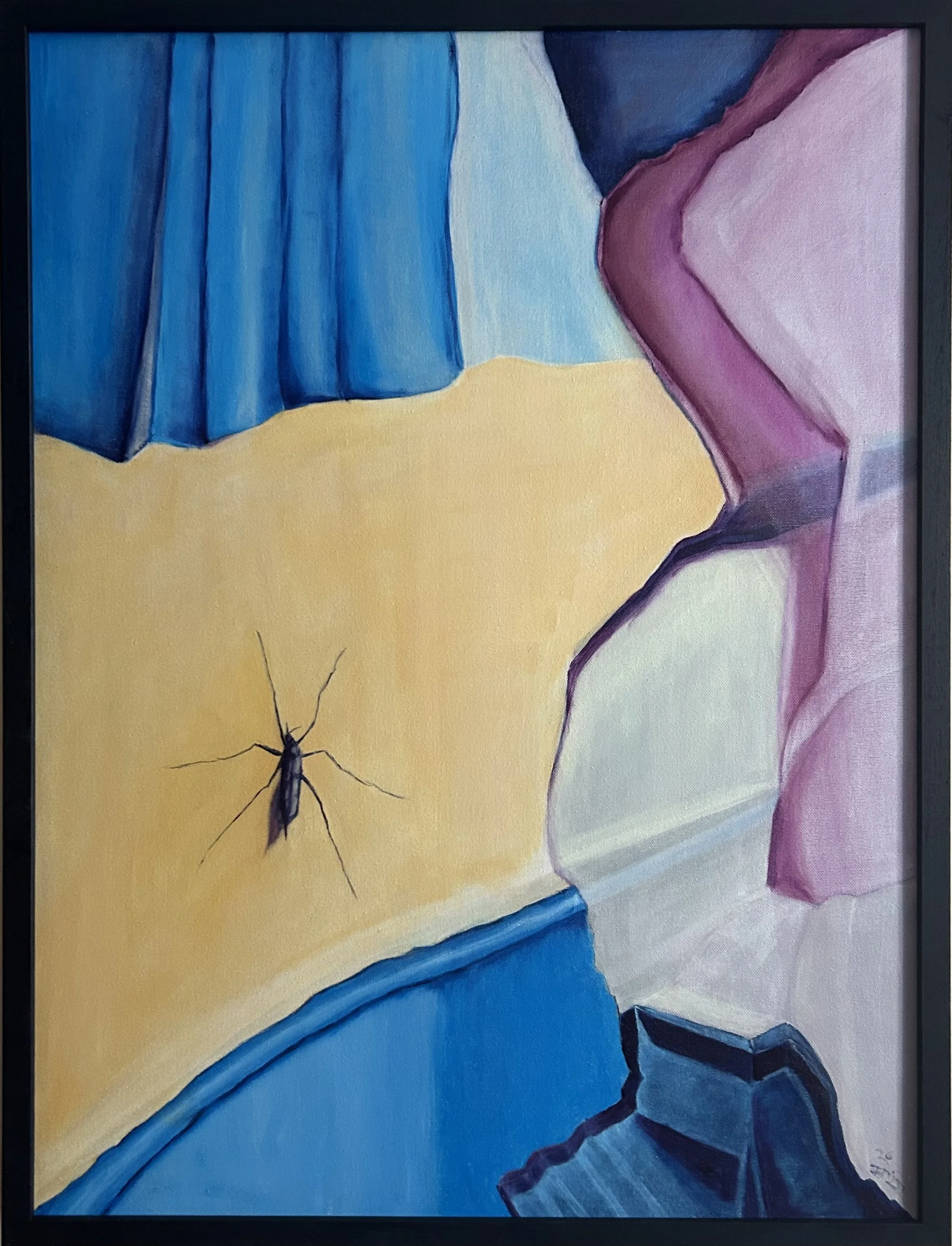A colorful abstract painting depicting a spider hanging from a web against a background of blue, yellow, and pink shapes.
