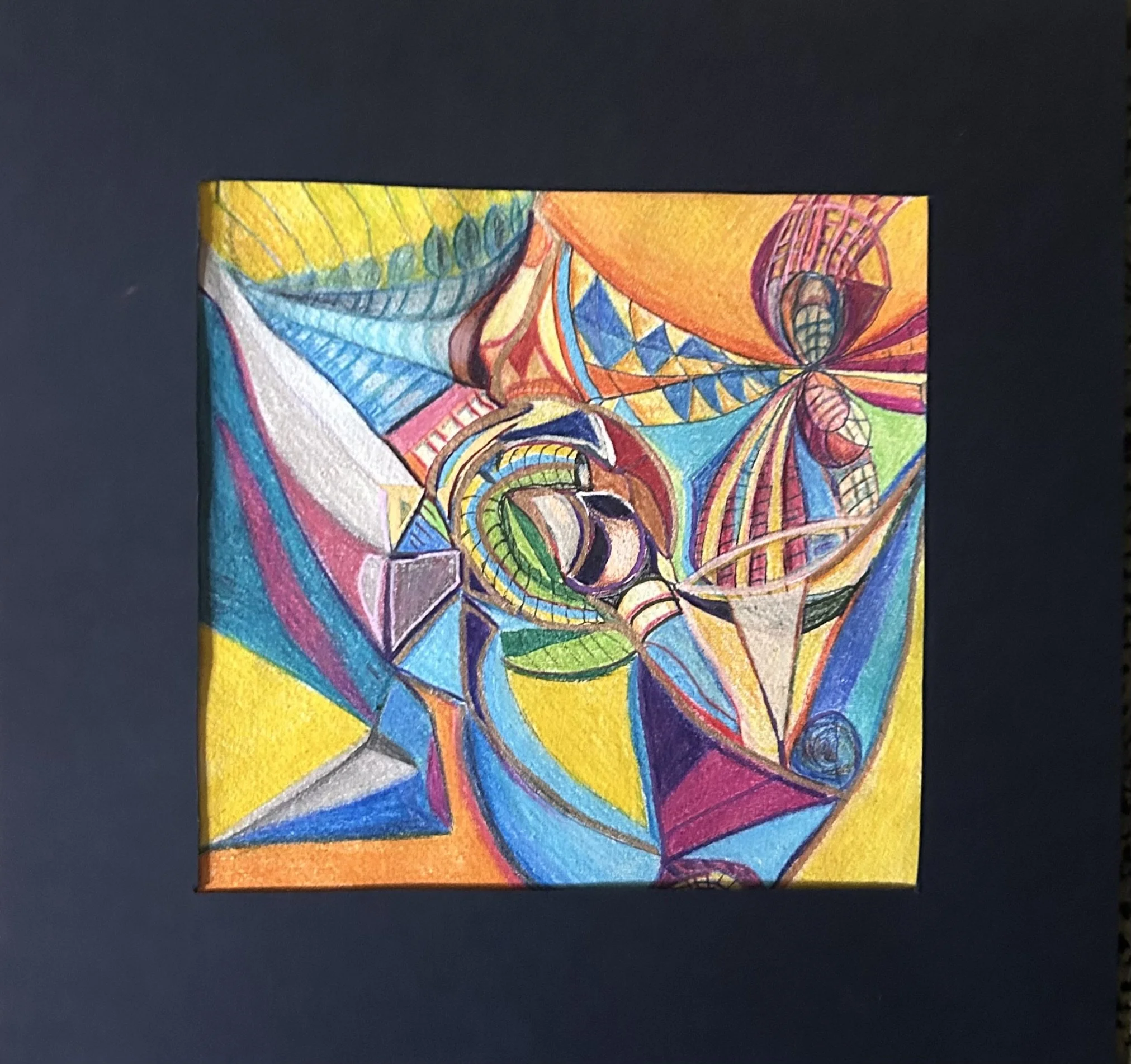 Colorful abstract drawing with patterns, lines, and shapes on a canvas or paper, set against a black background.