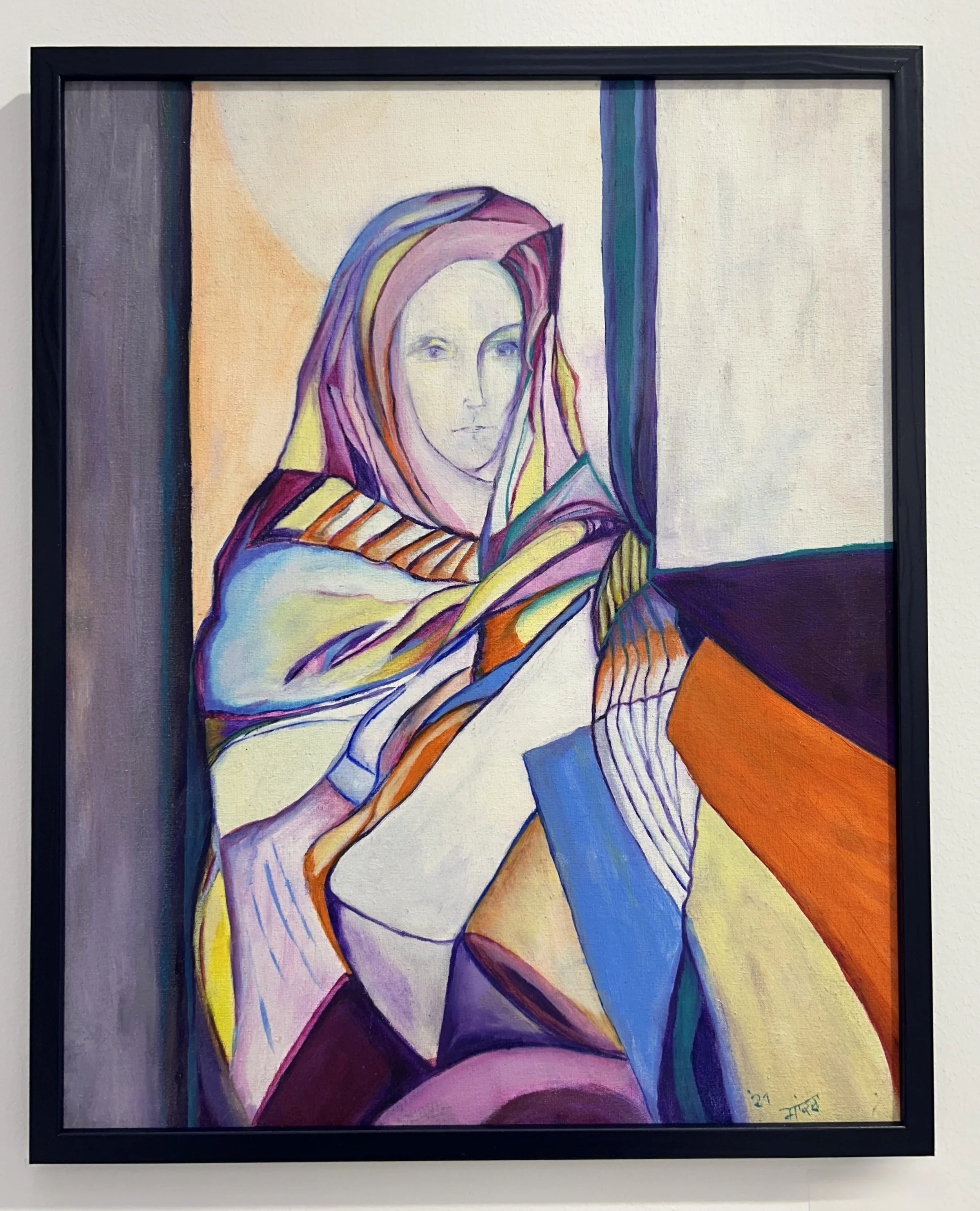 Colorful painting of a woman with a headscarf, using vibrant colors and abstract lines.