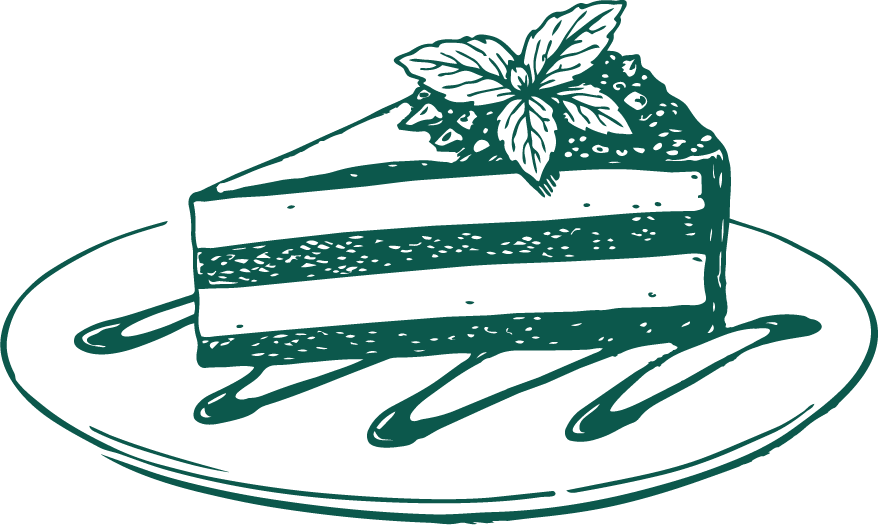 Line drawing of a slice of layered cake on a plate with leaves on top and syrup or sauce drizzled on the plate.