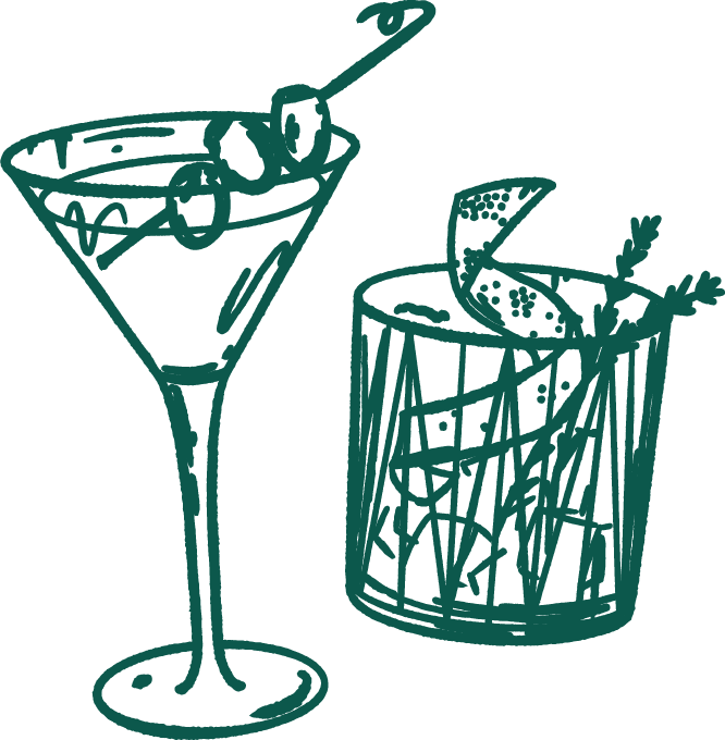 Line drawing of a cocktail glass with cherries and a cocktail stirrer, and a tumbler glass with a citrus wedge, a bunch of herbs, and a slice of citrus.