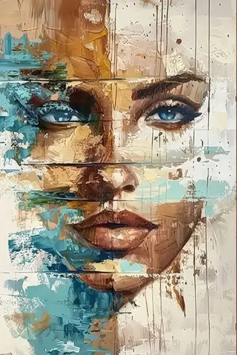 Abstract painting of a woman's face with blue eyes, brown hair, and full lips, created with bold brushstrokes and textured paint in shades of brown, blue, and beige.