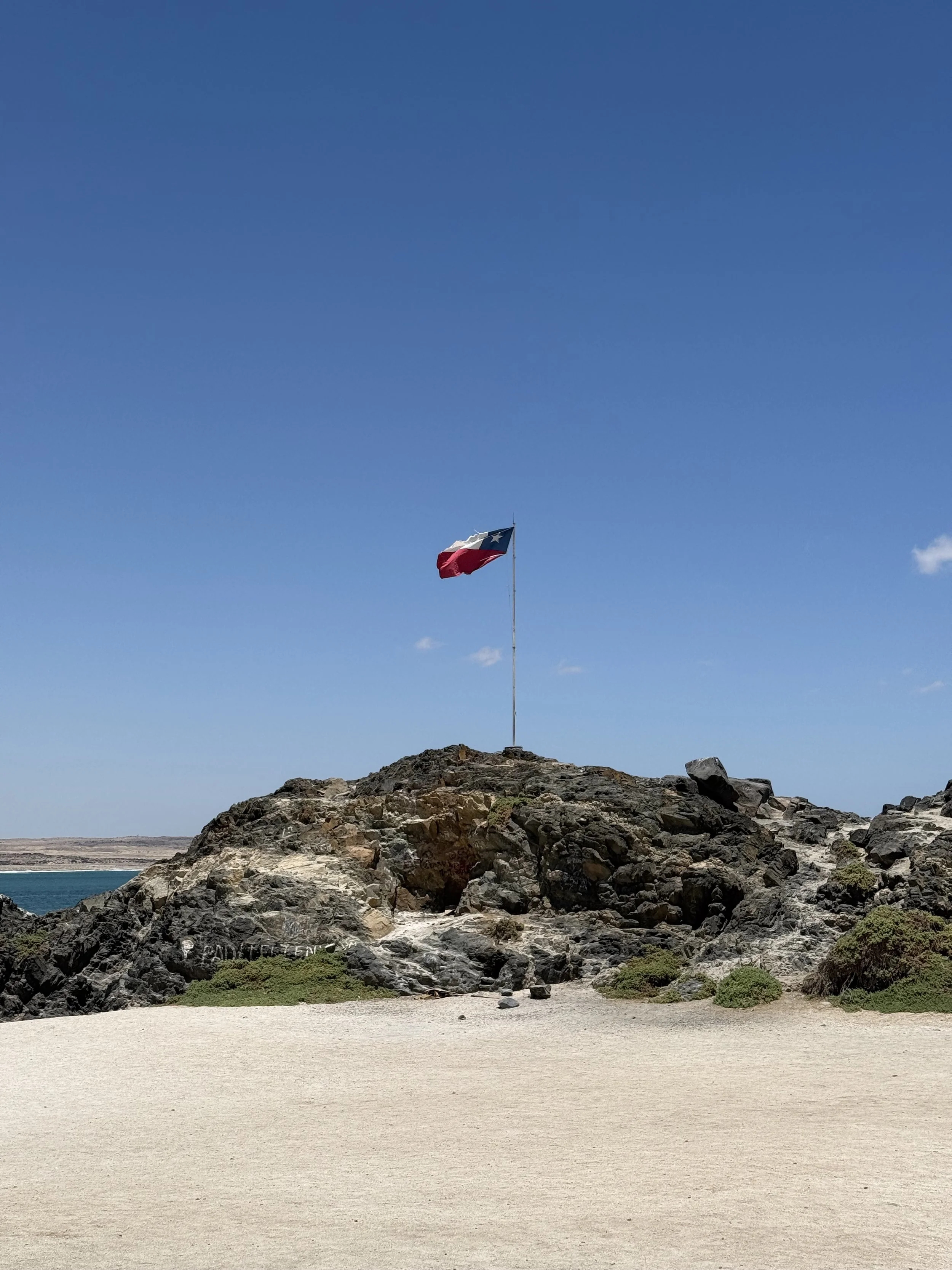 A Texas state flag on a flagpole atop a rocky hill beside a sandy beach under a blue sky.