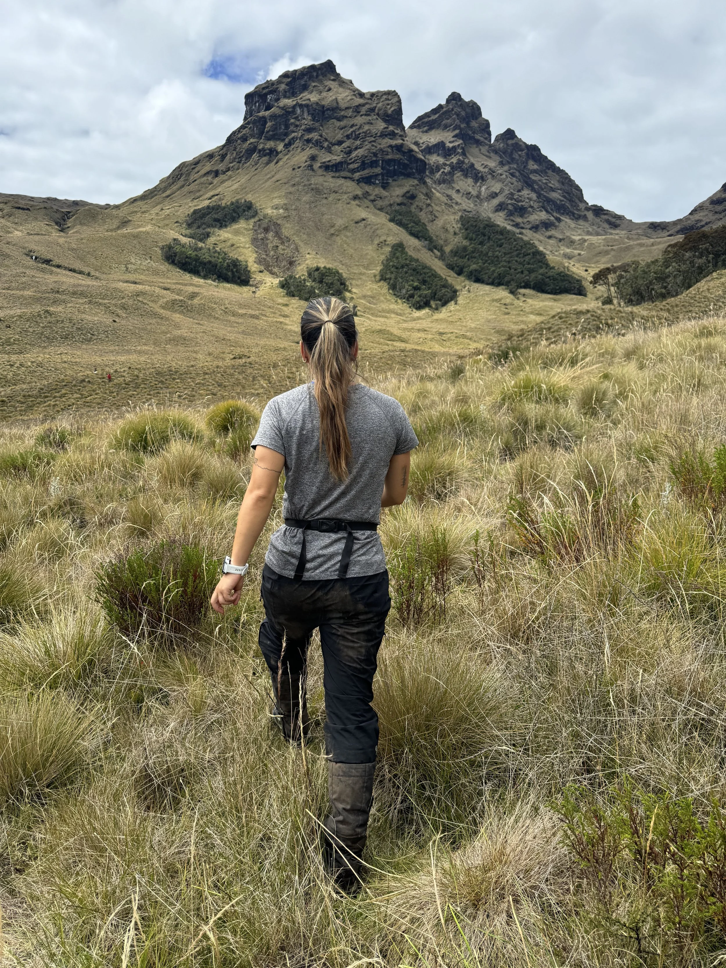 A woman with a ponytail, wearing a gray t-shirt and black pants, hiking through grassy terrain towards rugged mountains under a cloudy sky.