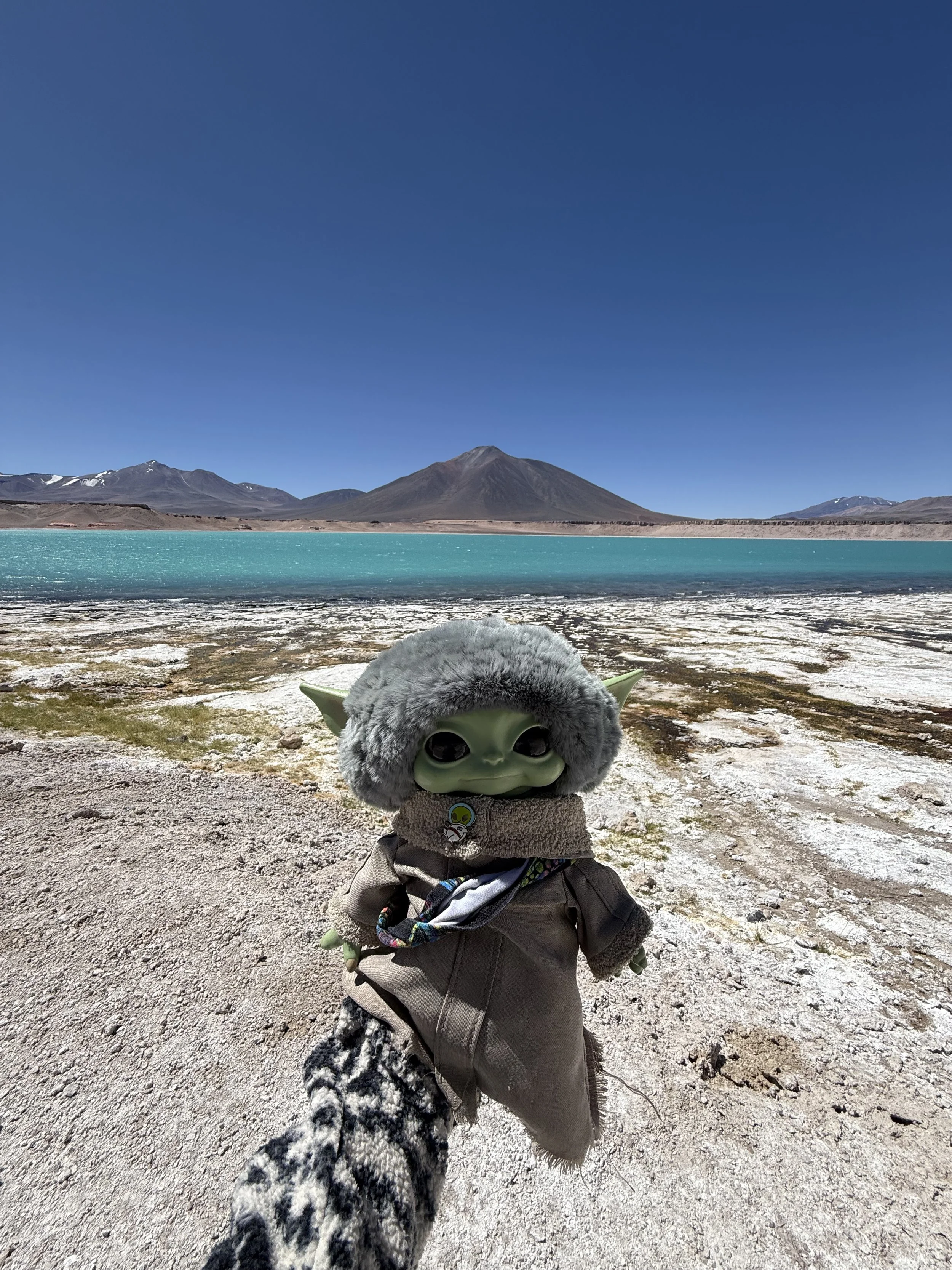 A plush toy resembling Baby Yoda held up in front of a landscape of salt flats, turquoise lake, mountains, and a clear blue sky.