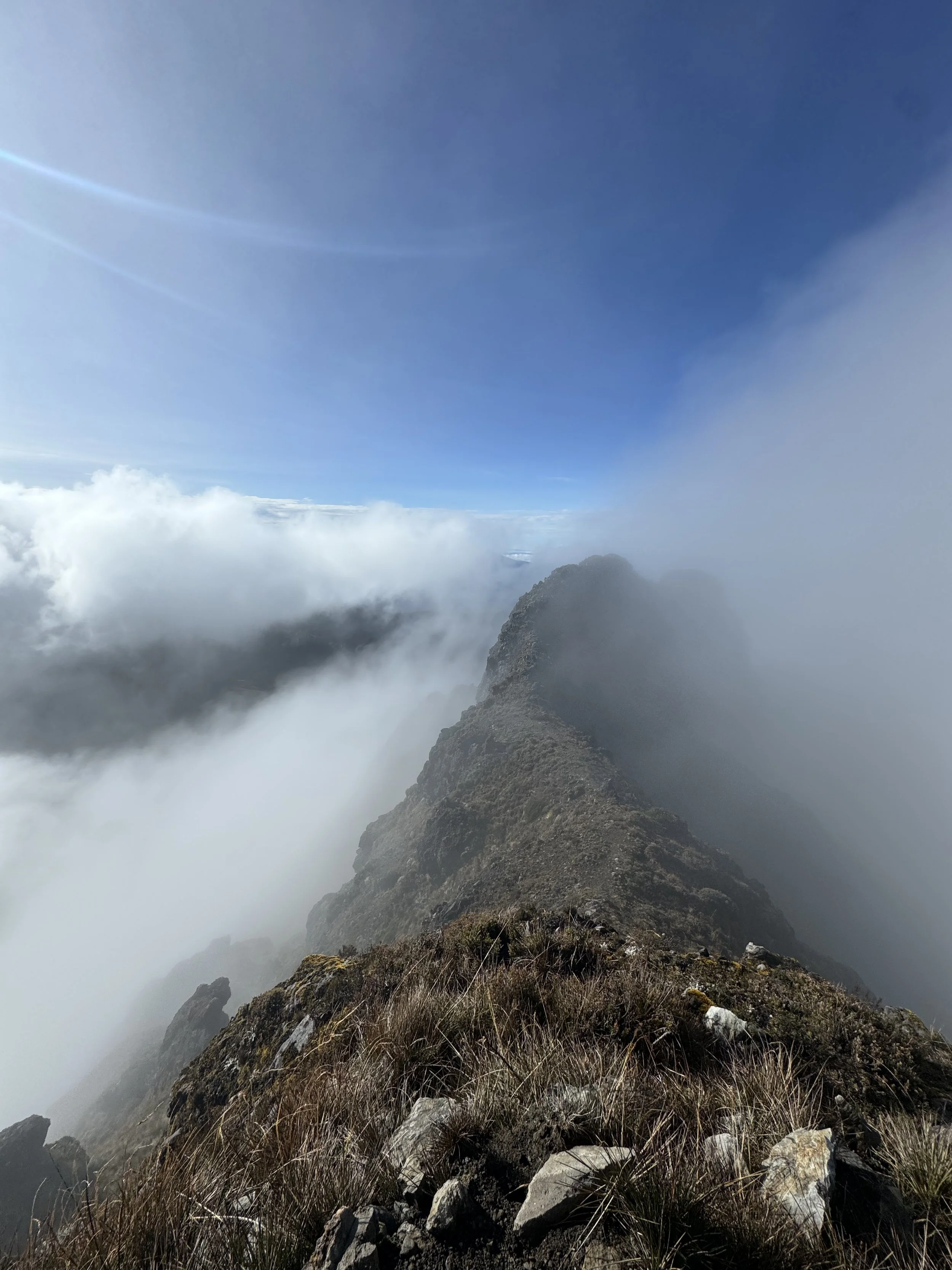 Mountaintop with rocky terrain and dry grass, surrounded by clouds and mist, with a clear blue sky overhead.