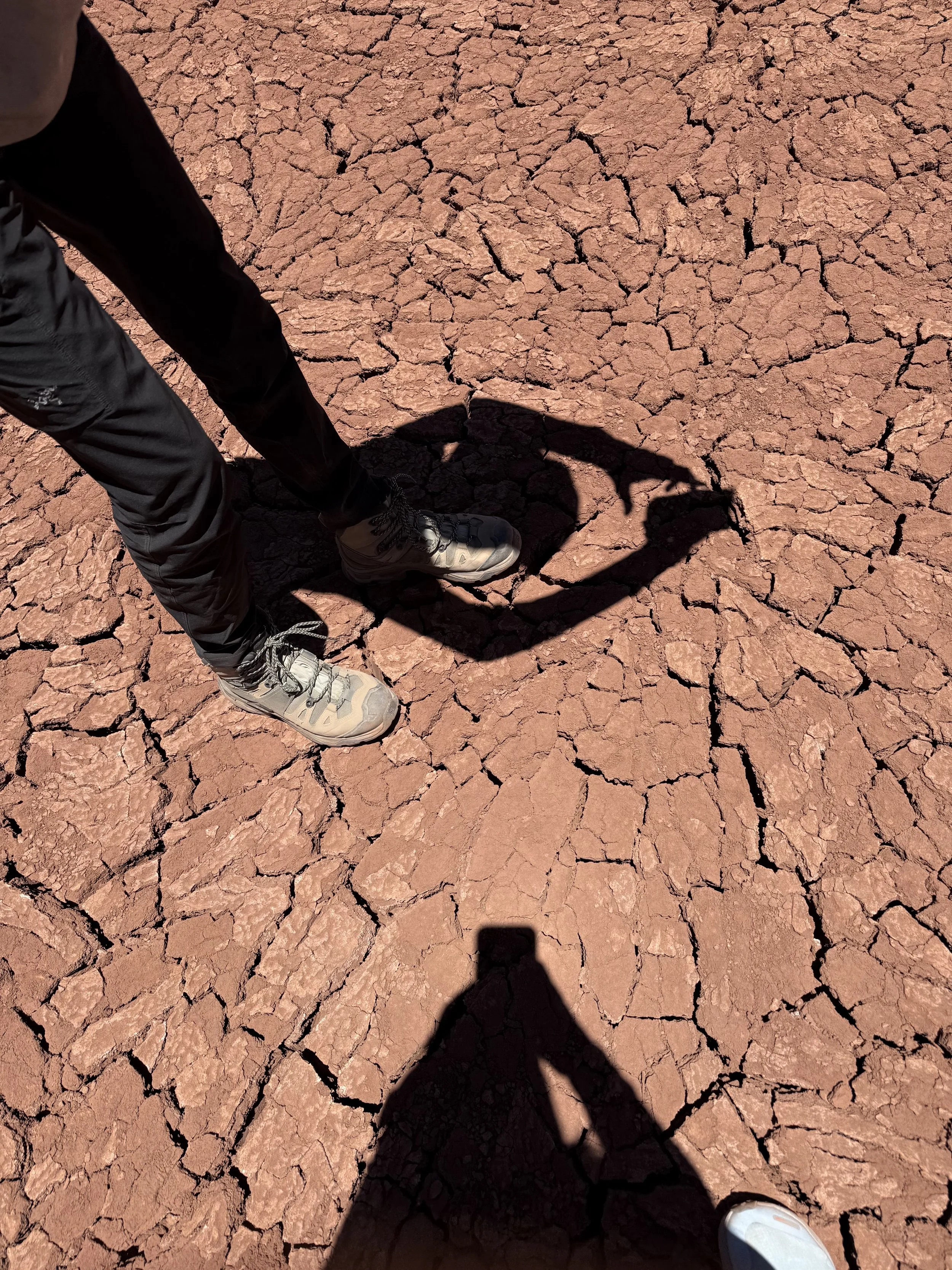 Person standing on cracked, dry red earth, casting a shadow that resembles a smartphone in their hand.