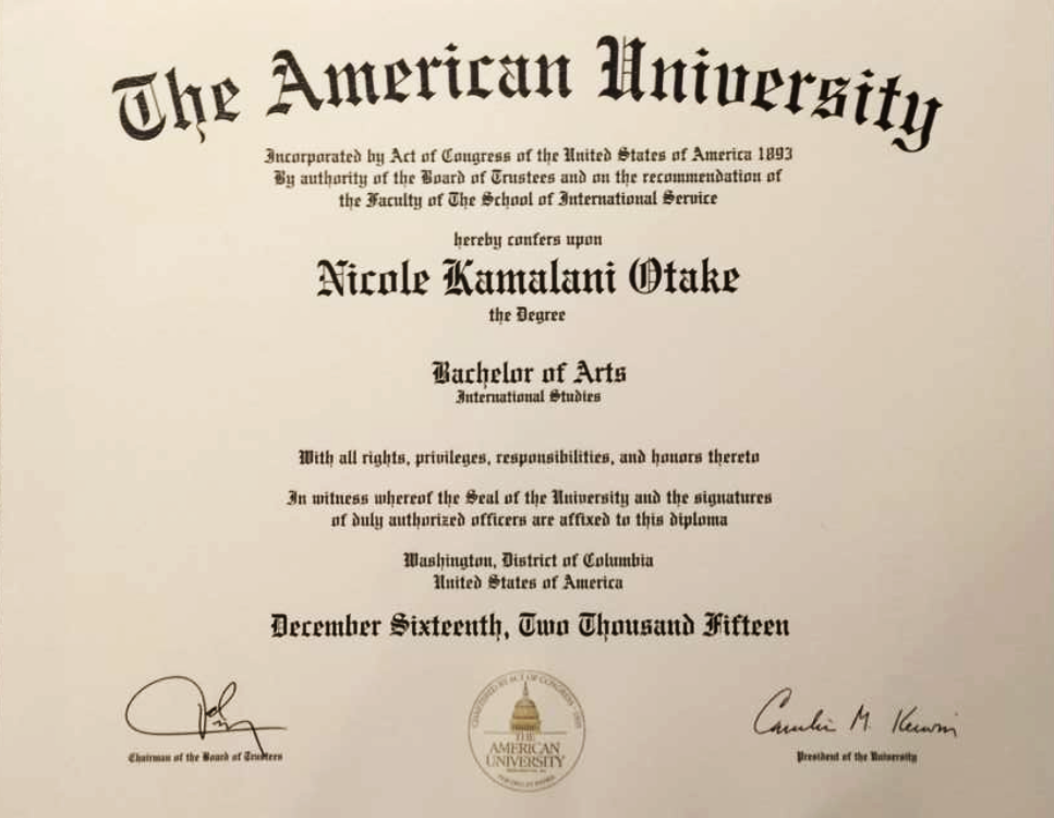 Diploma from The American University awarded to Nicole Kamalani Otake for a Bachelor of Arts in International Studies, dated December 16, 2015, with signatures and official seal.