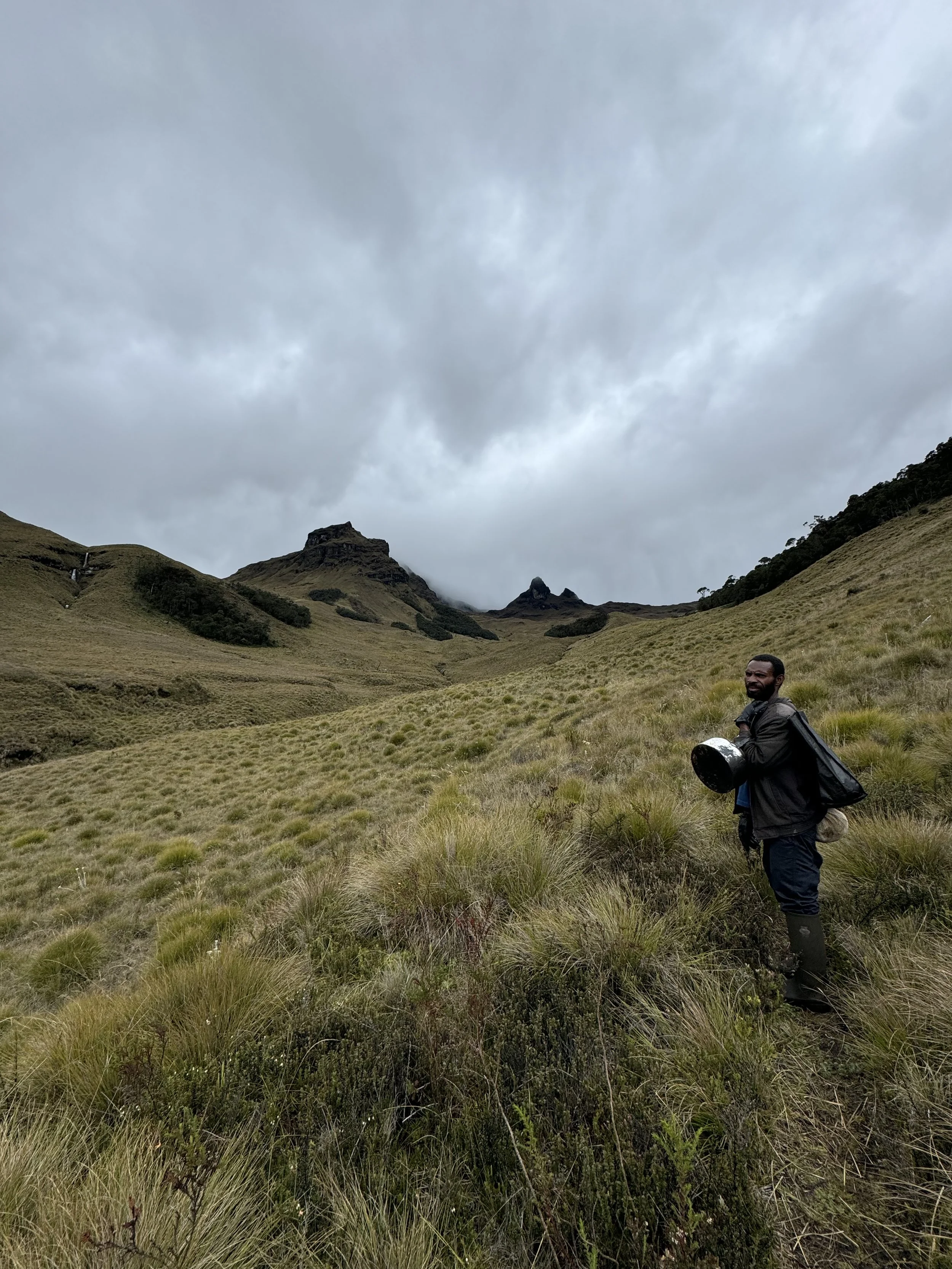 A man with black hair and a beard standing in a grassy mountainous landscape on a cloudy day, holding a helmet and carrying a backpack.