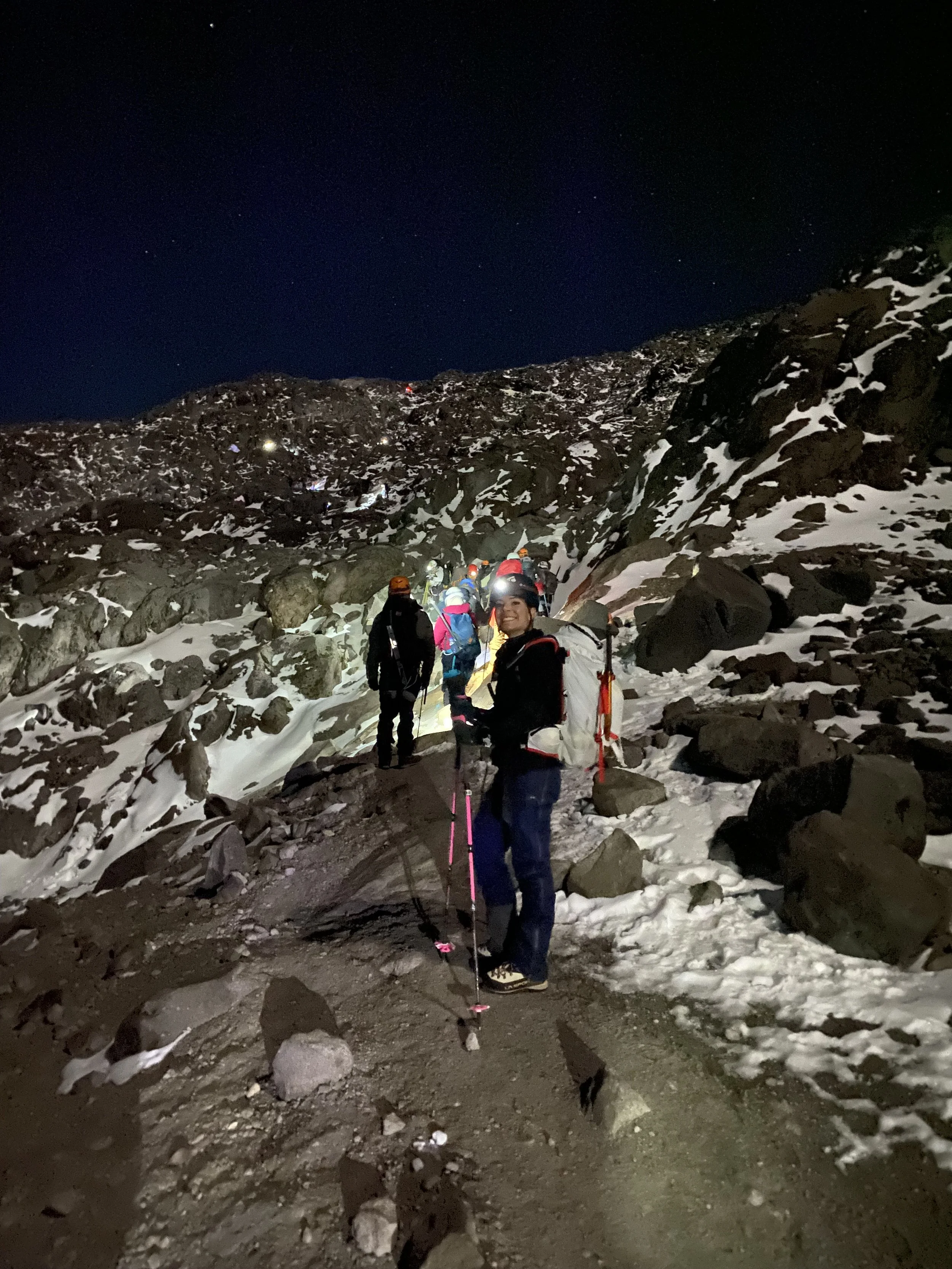Group of hikers trekking through a snowy, rocky mountain trail at night, wearing headlamps and backpacks.