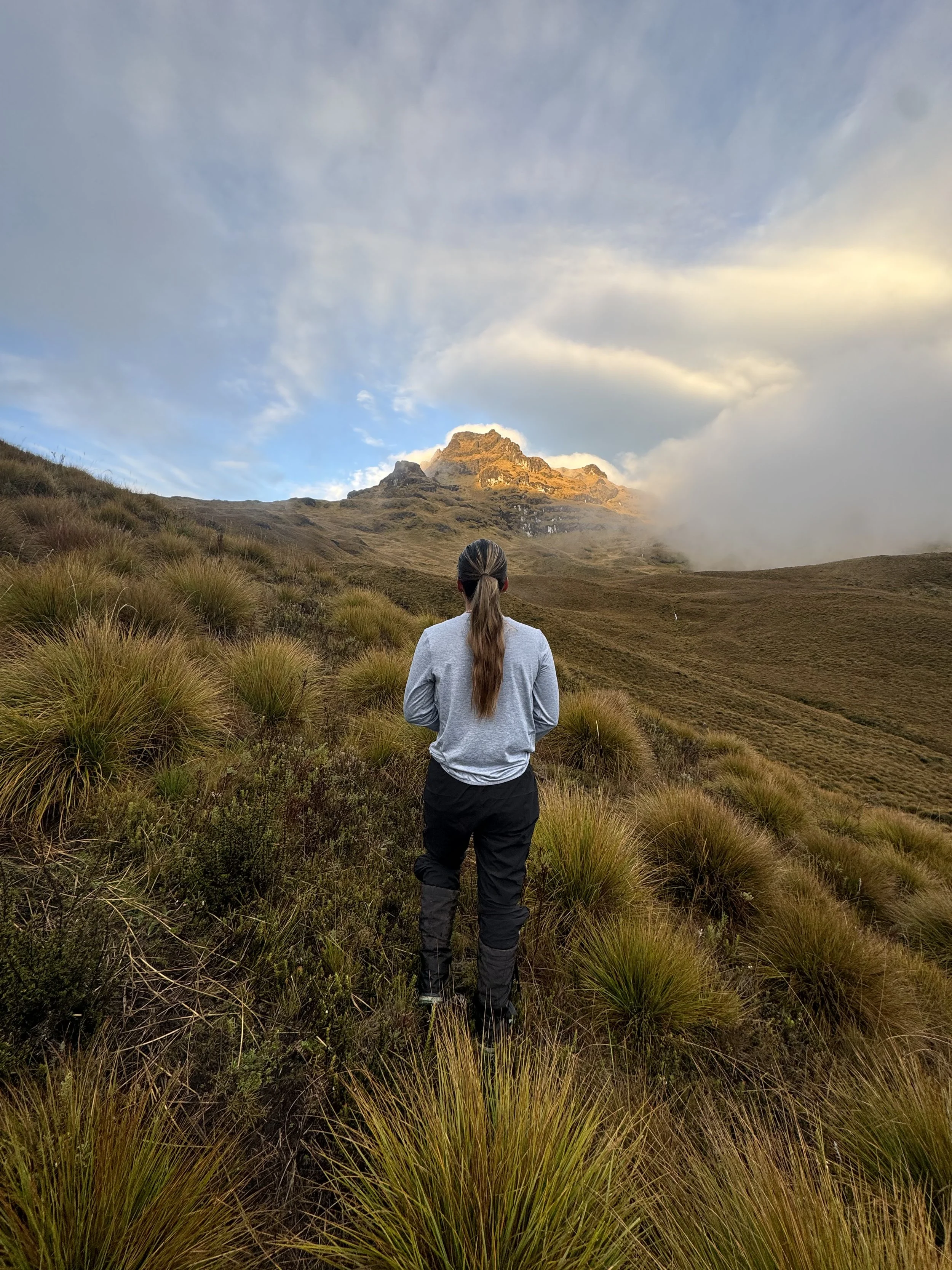 A woman with long hair in a ponytail wearing a gray jacket and black pants hiking on a grassy mountain trail, looking at the mountain peak in the distance with clouds and sky above.