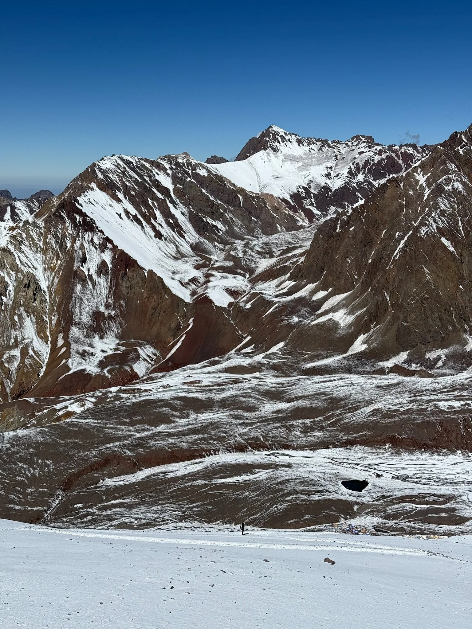 Snow-capped mountains with a clear blue sky in the background.