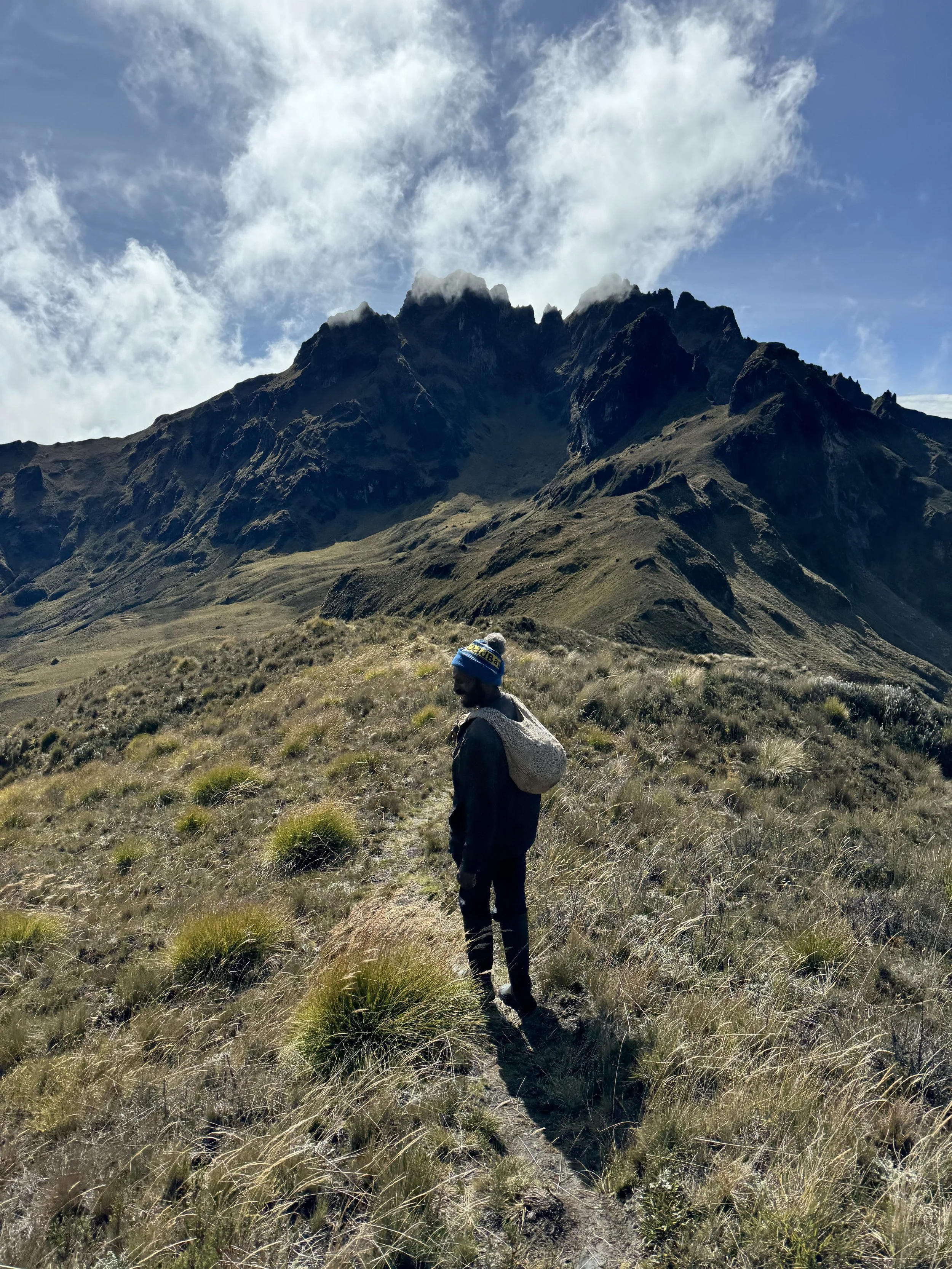 A person hiking on a narrow trail through grassy terrain with tall mountains and clouds in the background.