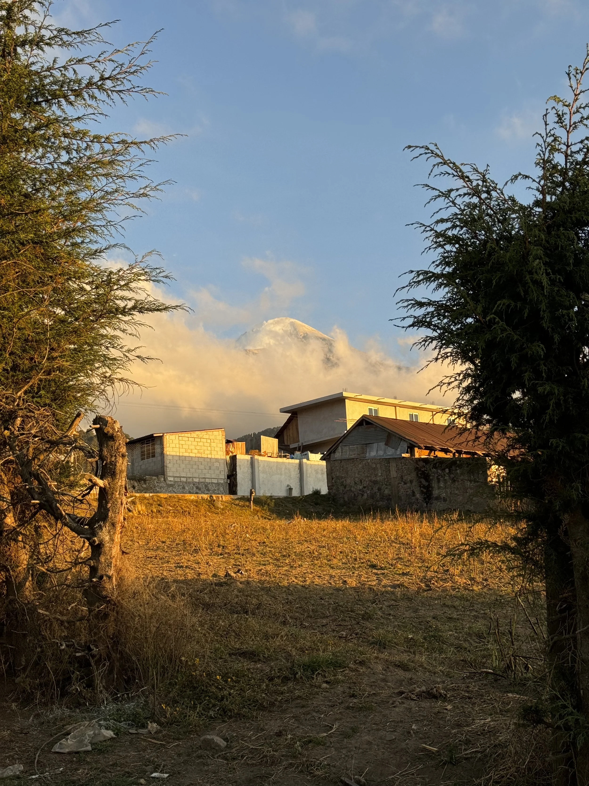 Sunlit rural scene with houses on a grassy hill, trees framing the foreground, and a mountain partially covered by clouds in the background.