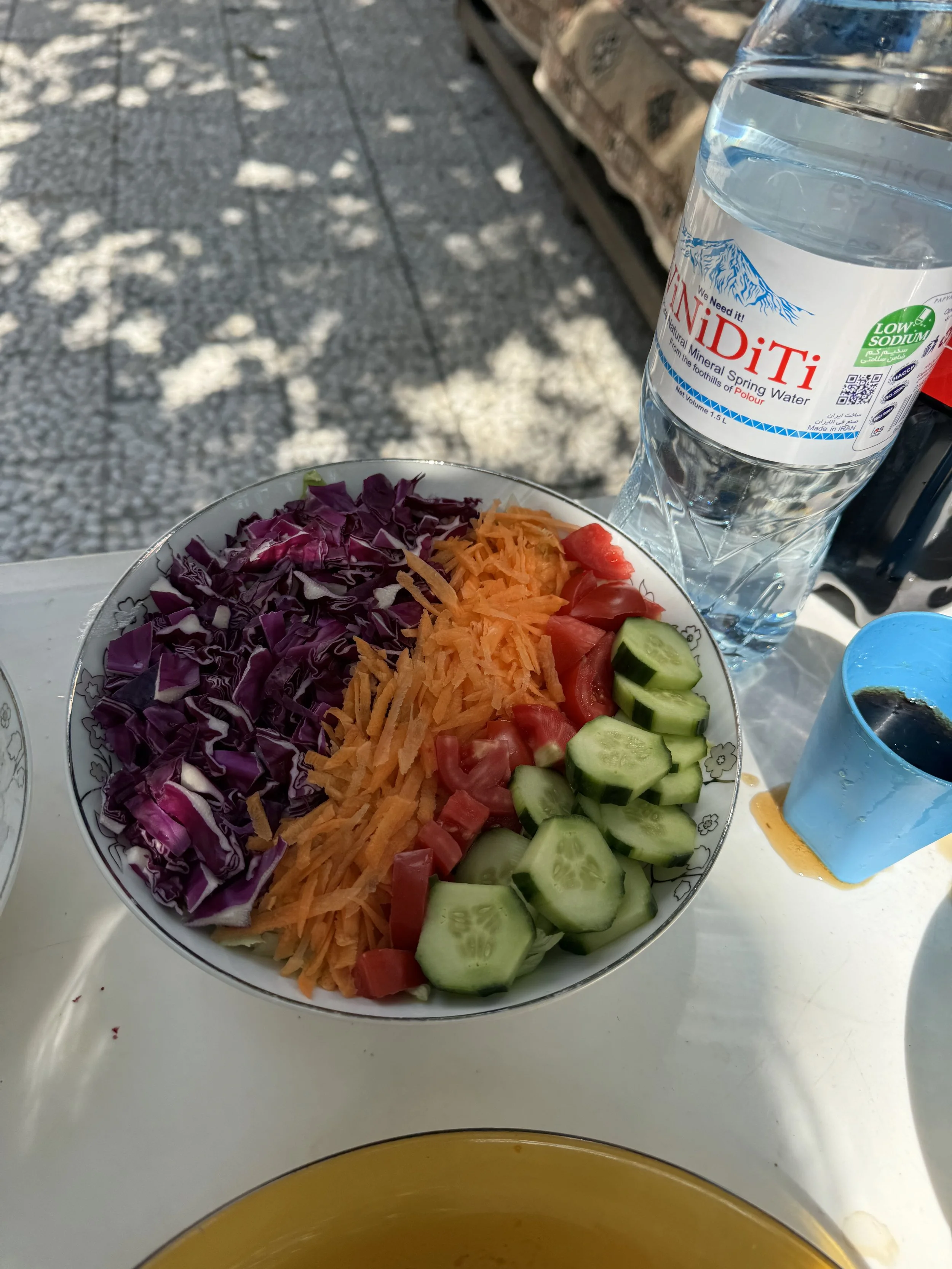 A bowl of freshly chopped vegetables including purple cabbage, shredded carrots, diced tomatoes, and sliced cucumbers placed on an outdoor table. A bottle of spring water and a small cup with a dark liquid are also on the table.