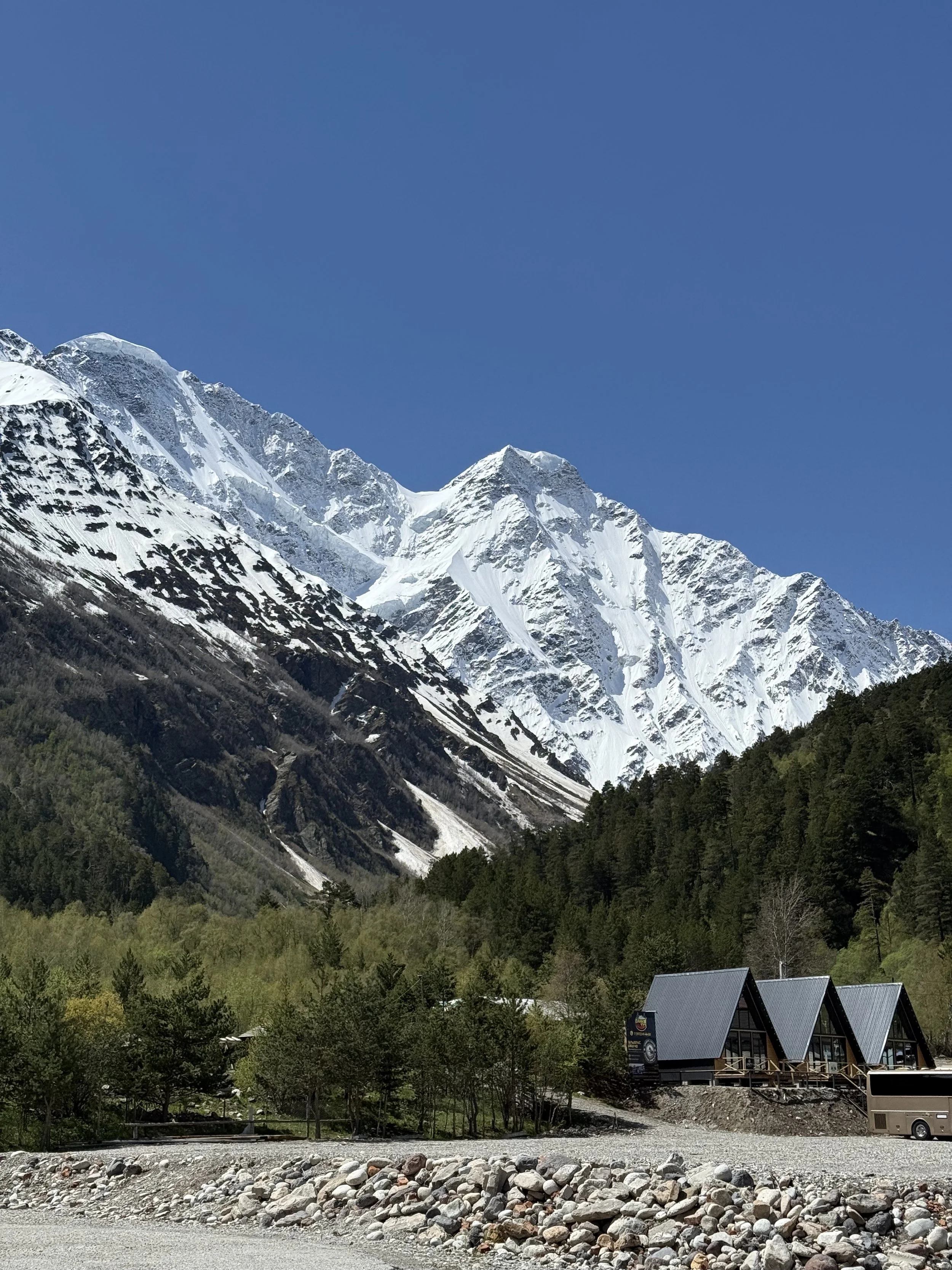Snow-capped mountain peaks with a clear blue sky in the background, green forest at the base, and a few houses with peaked roofs at the bottom of the image.