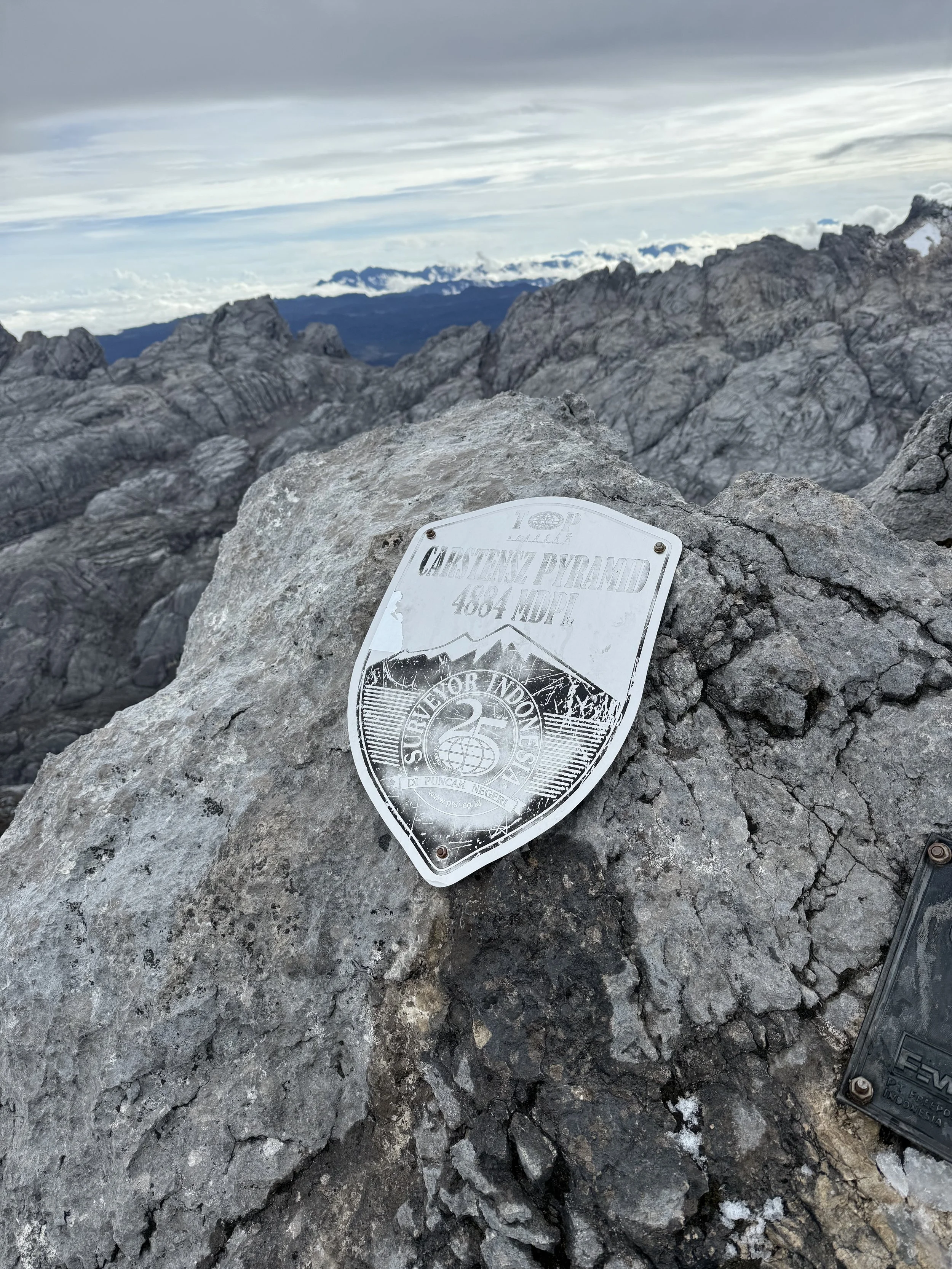 Metal plaque on a large rock at the summit of Cactevitz Pyramid, 4,841 meters above sea level, with mountain and cloudy sky background.