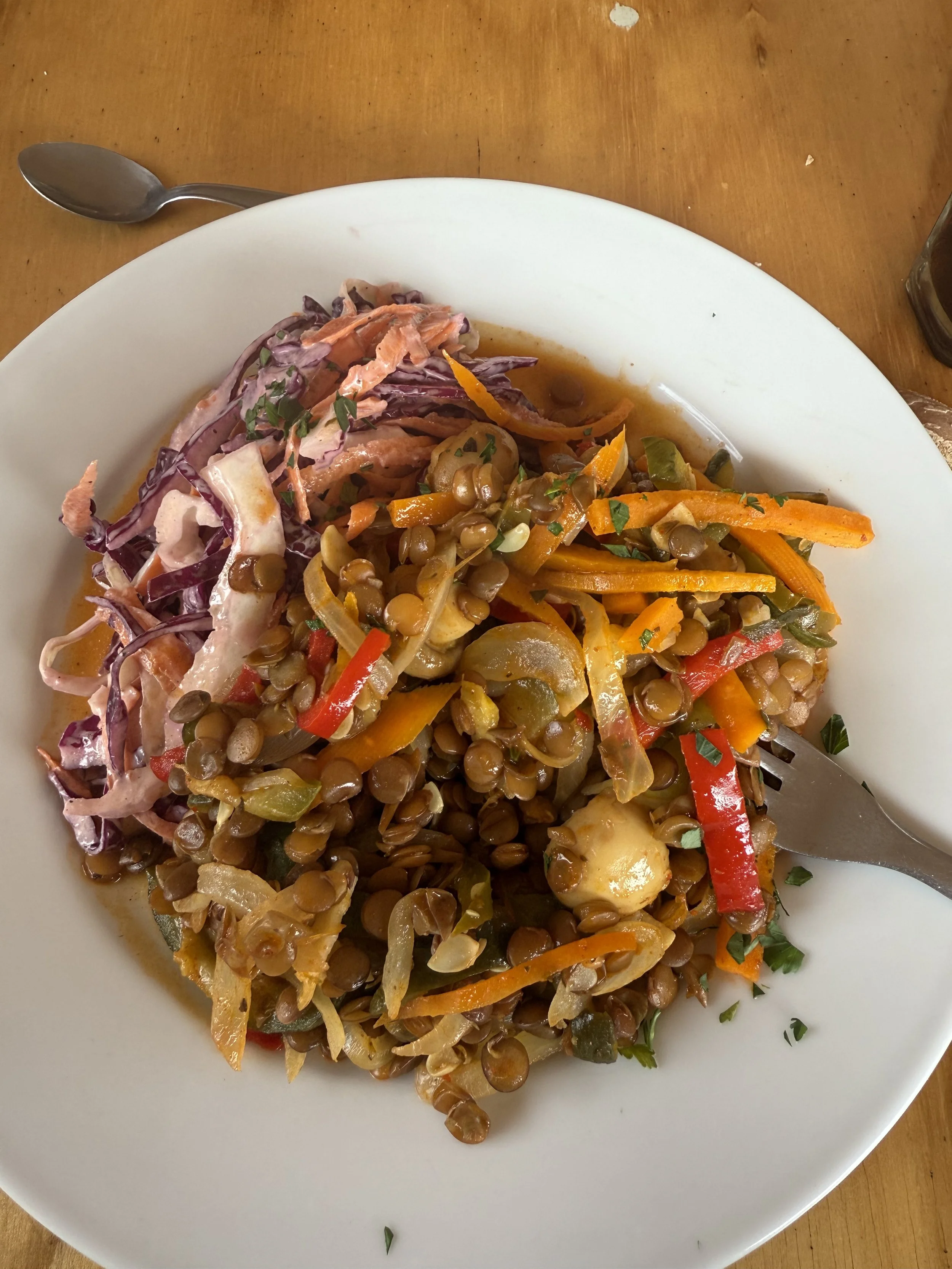 A white plate of lentil salad with chopped vegetables and coleslaw, on a wooden table with a fork and spoon nearby.