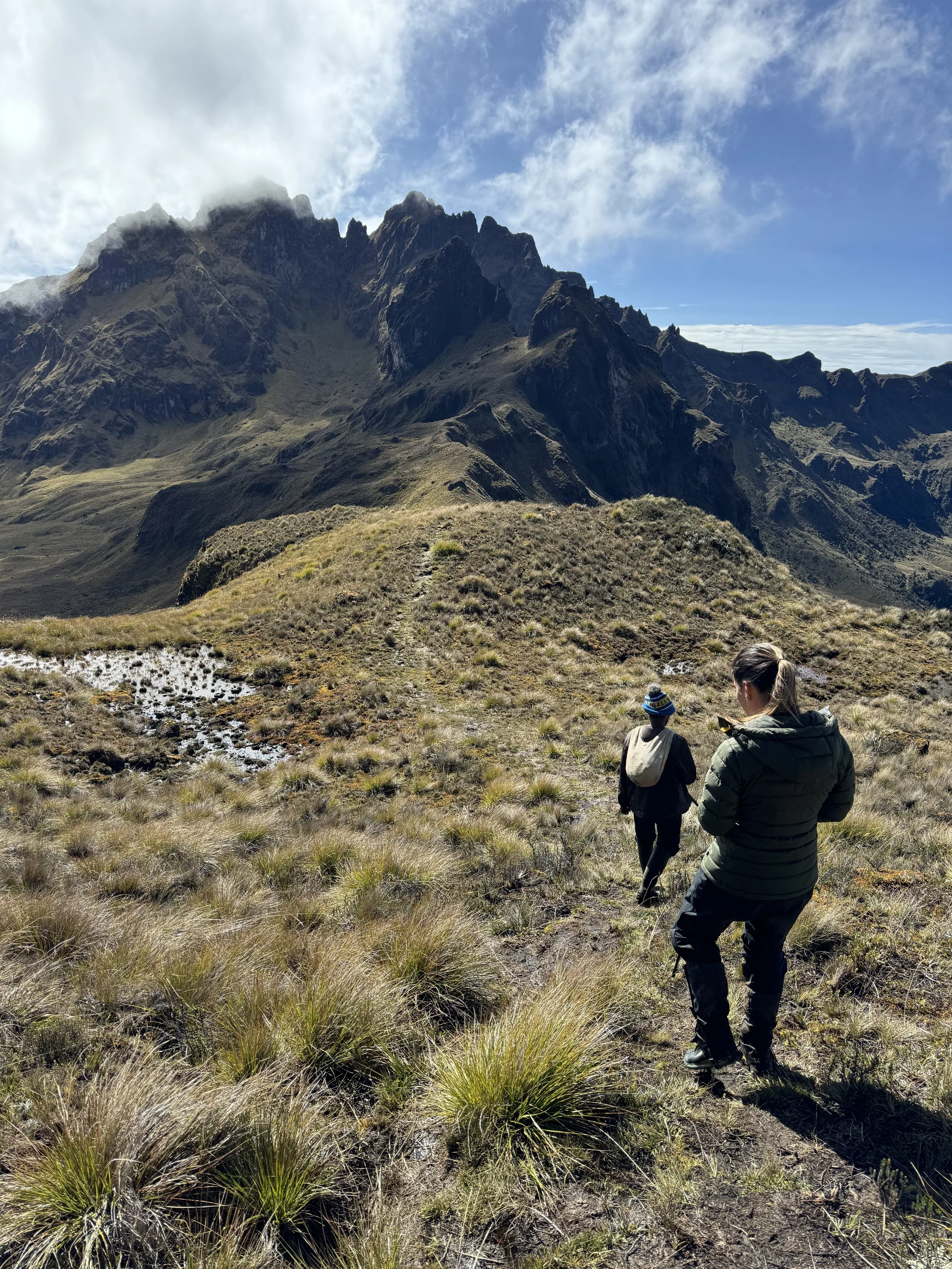Two hikers walking through a grassy landscape with mountains in the background under a partly cloudy sky.