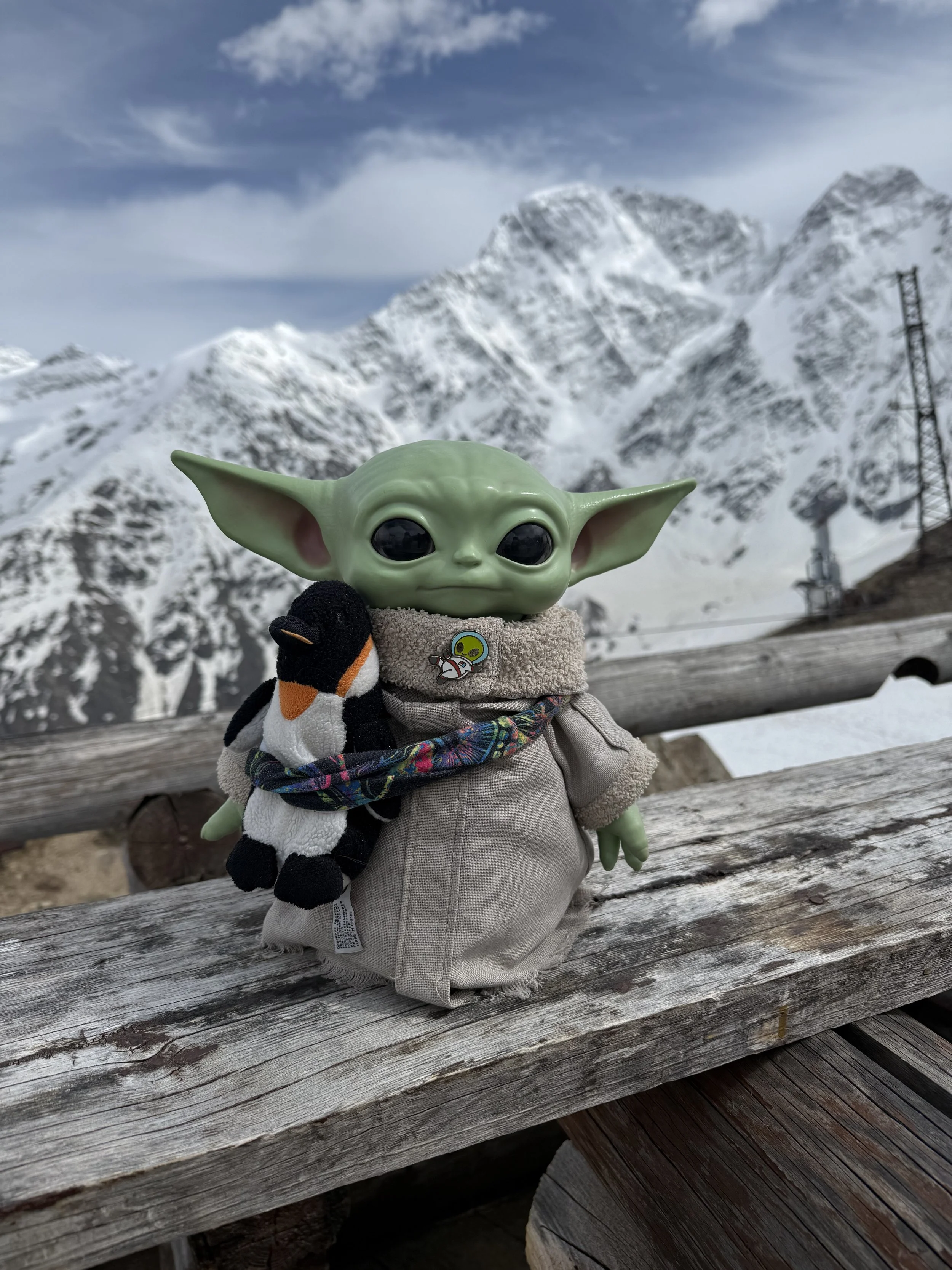 A Baby Yoda (Grogu) toy wearing a gray outfit, holding a small stuffed penguin, with a snowy mountain landscape in the background.