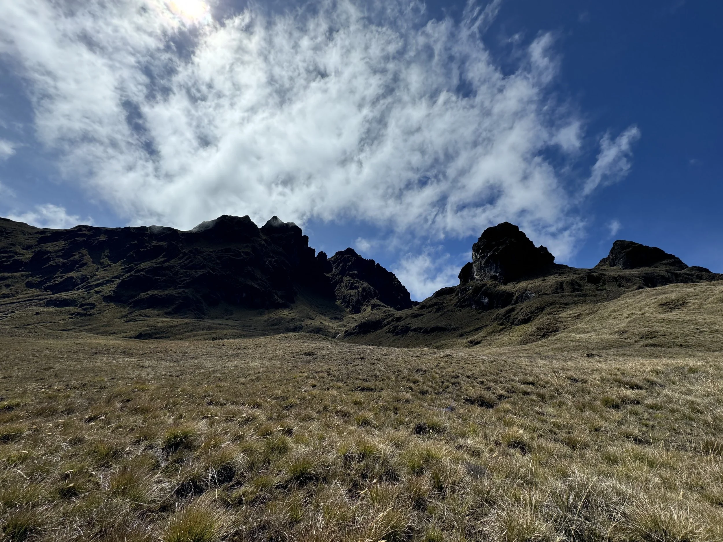 A landscape of grassy fields leading up to rugged mountain peaks under a partly cloudy sky.