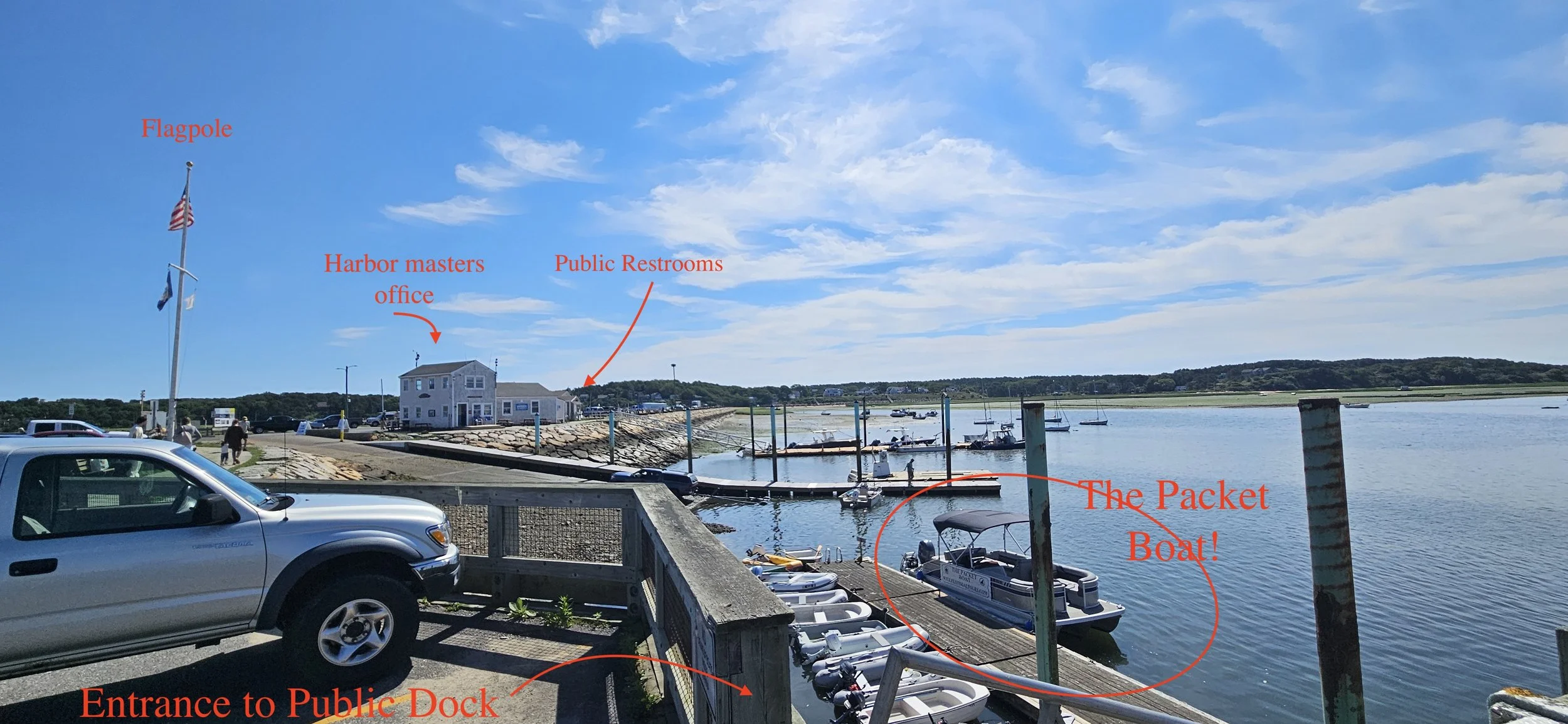A scenic view of a harbor with boats, a dock, and a building labeled 'Harbor masters office'. There are people walking near the dock, parked cars, and a flagpole with an American flag. The sky is partly cloudy, and the distant landscape includes trees and grassy areas.