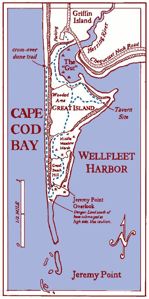 Map of Cape Cod Bay showing Wellfleet Harbor, Jeremy Point, Great Island, Griffin Island, and various trails and sites, with detailed labels and a north arrow.