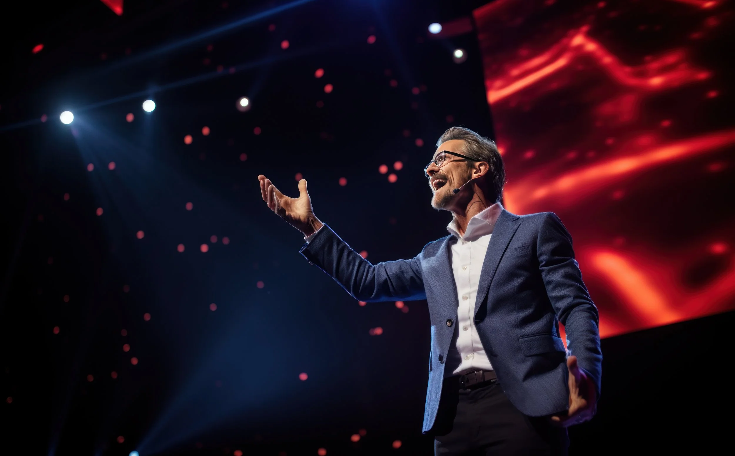 A man in a blue suit on stage, speaking with a microphone headset, against a dark background with red and blue lights and abstract patterns.