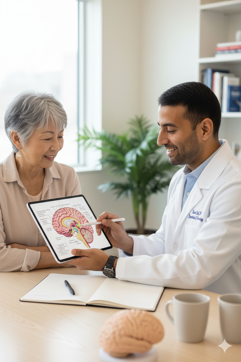Doctor showing a diagram of the human brain to a patient during a consultation