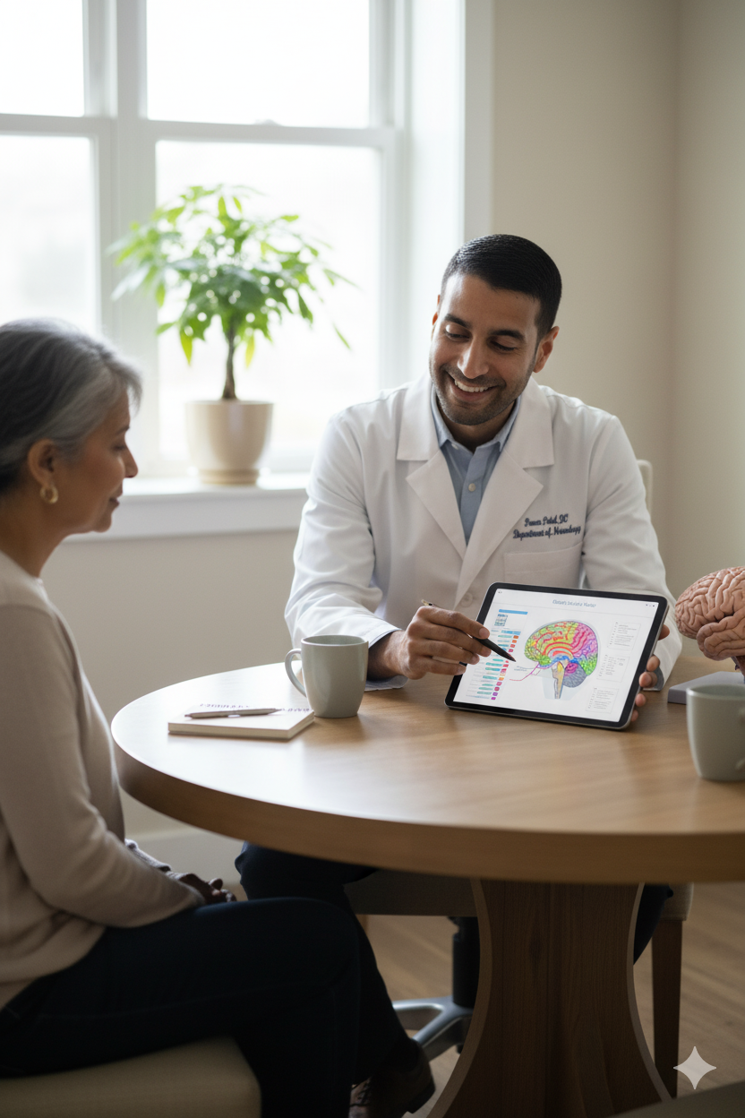 Doctor discussing brain scan with a patient in a medical office.