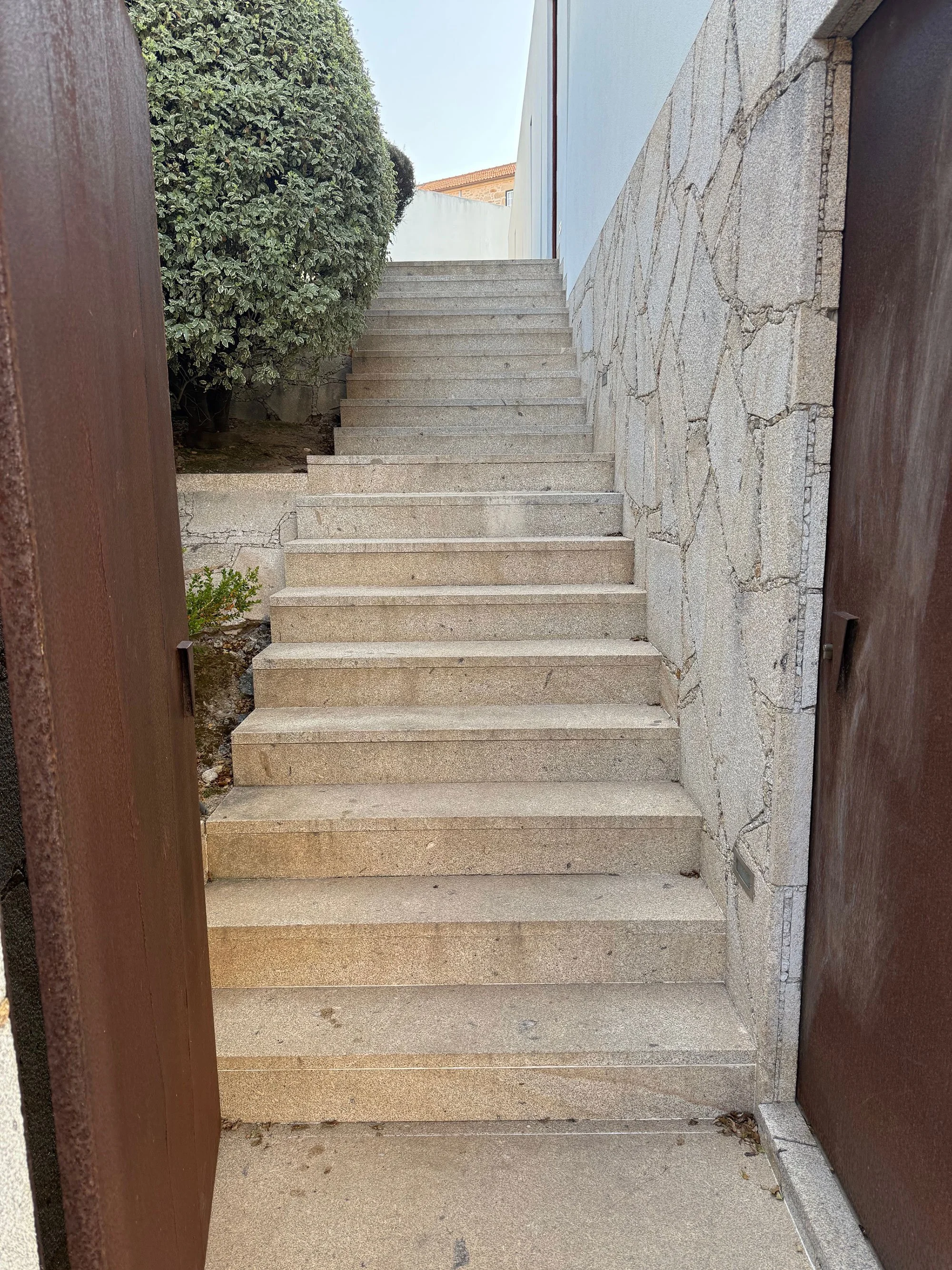 Escalier en pierre menant à une porte avec des murs en pierre et une haie à gauche.