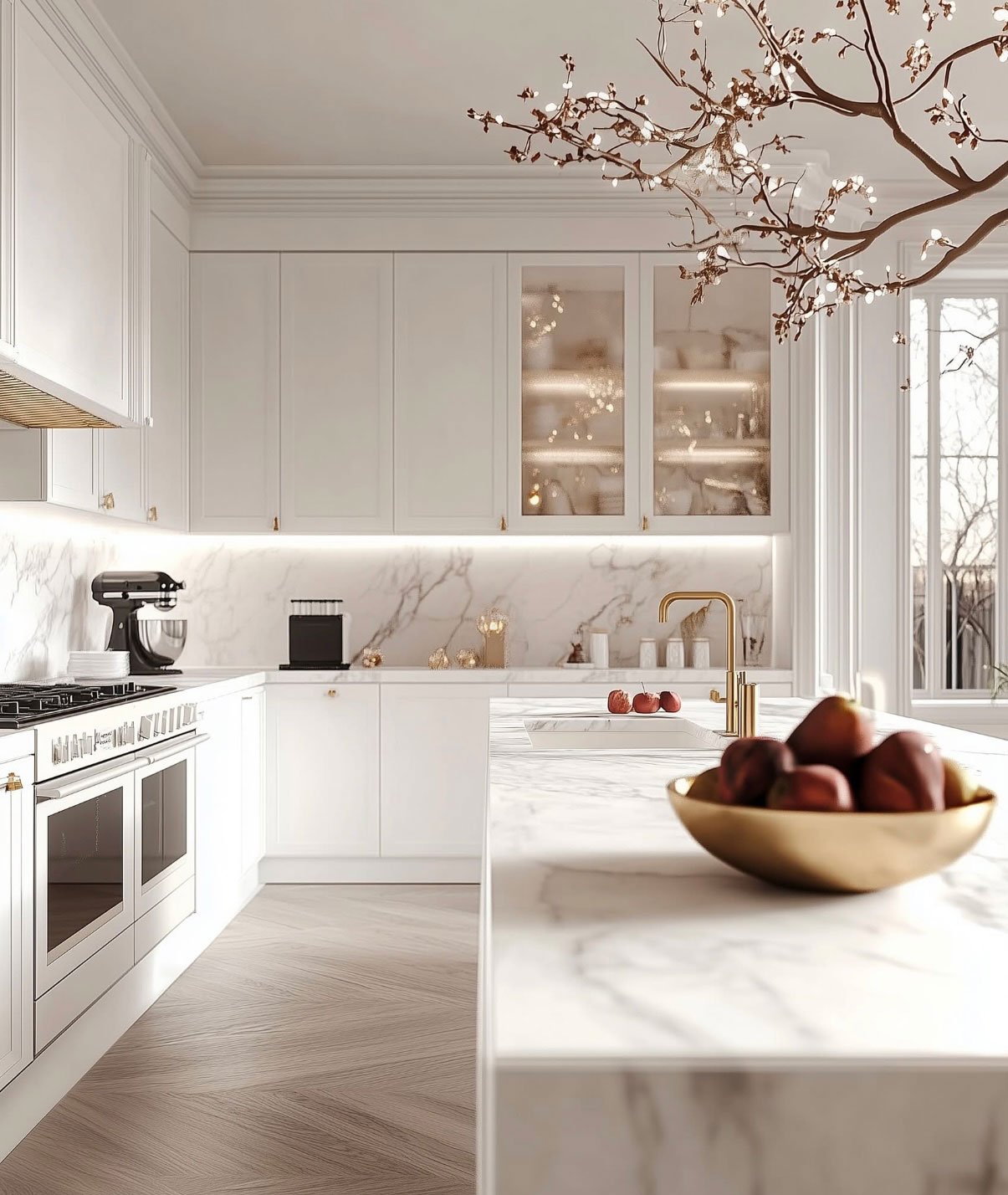Cuisine moderne avec armoires blanches, plan de travail en marbre, évier avec robinet en or, bol de fruits sur l'île, grande fenêtre laissant entrer la lumière naturelle, décor minimaliste avec branche fleurie suspendue.